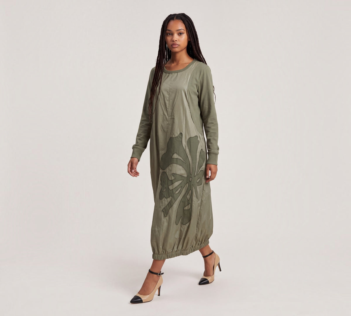 Olive Green Mixed-Fabric Floral Appliqué Maxi Dress - Above the Crowd Boutique