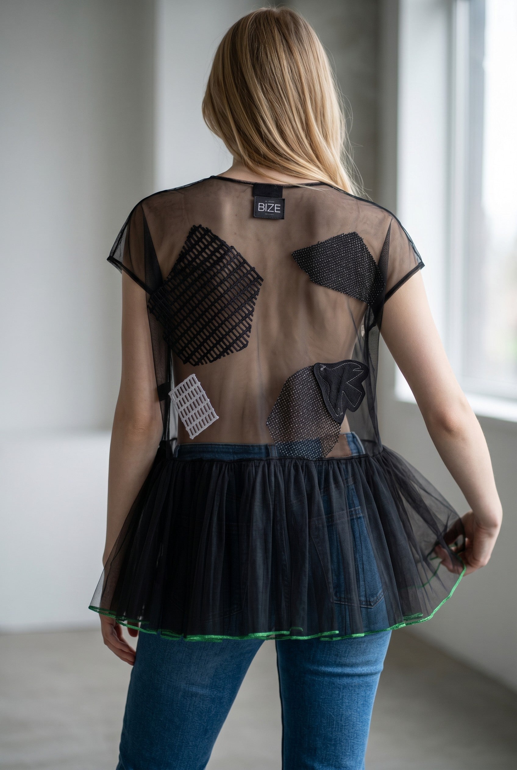 Bize Sheer Artistic Mesh Top with Tulle Peplum - Above the Crowd Boutique