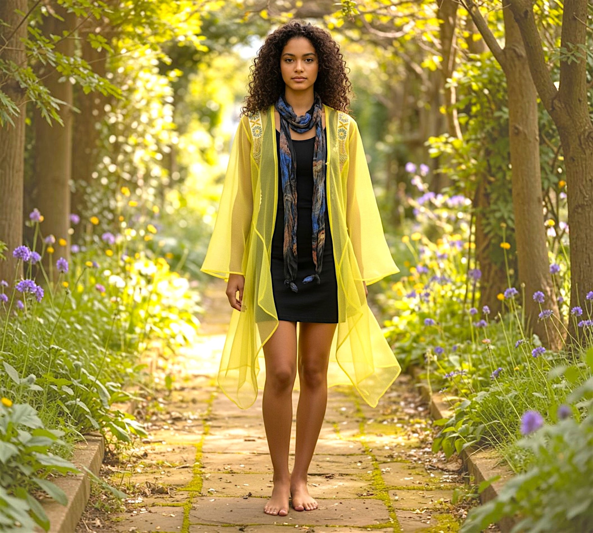 Bize Sheer Lemon Yellow Cardigan with Scarf Necklace - Above the Crowd Boutique