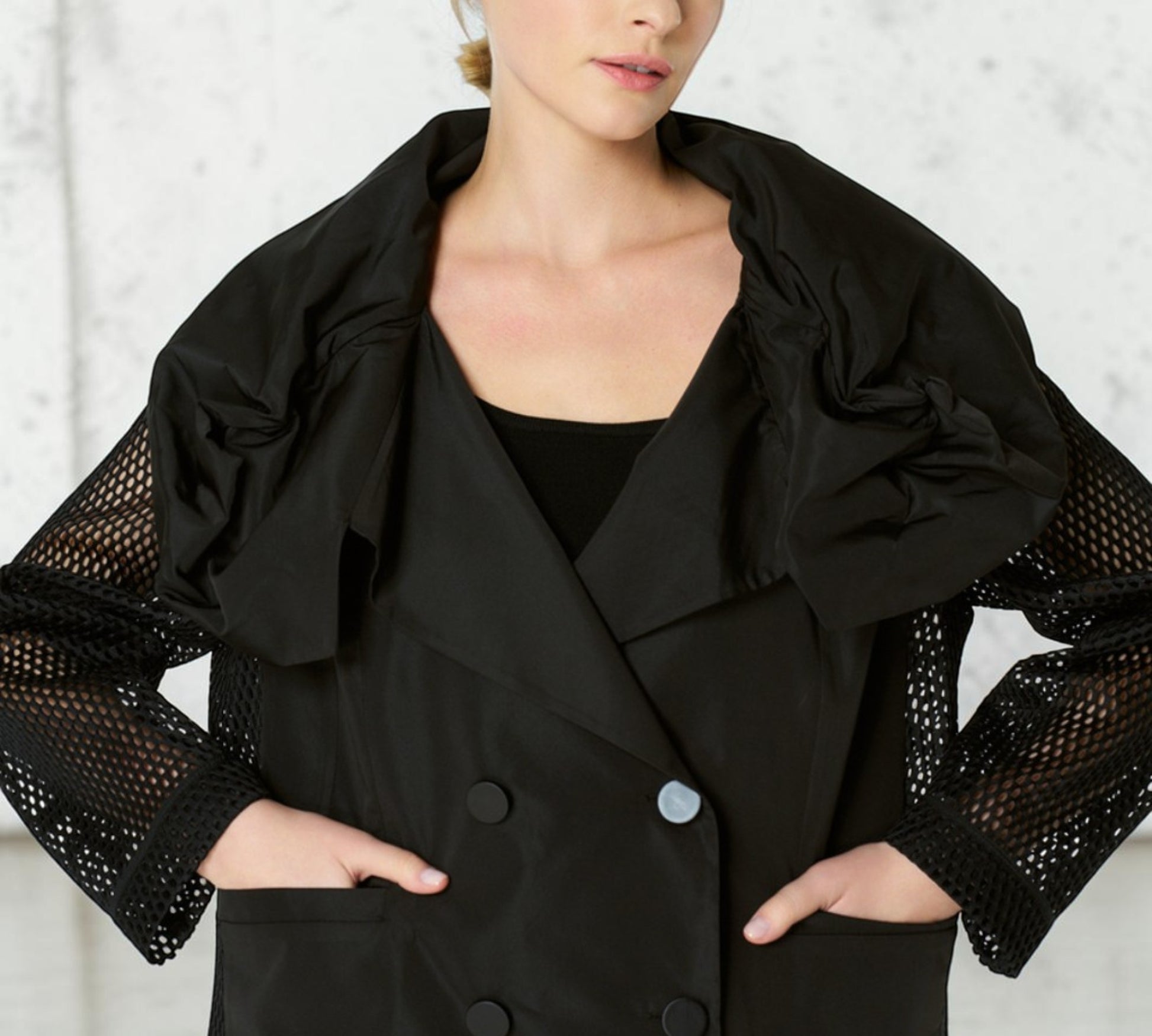 Black Statement Double-Breasted Jacket with Dramatic Ruffle Collar & Sheer Mesh Sleeves - Above the Crowd Boutique