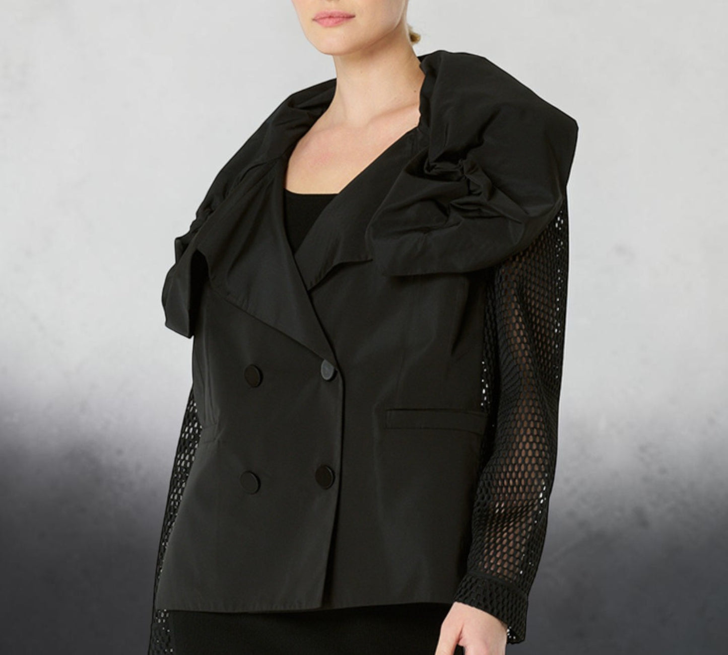 Black Statement Double-Breasted Jacket with Dramatic Ruffle Collar & Sheer Mesh Sleeves - Above the Crowd Boutique