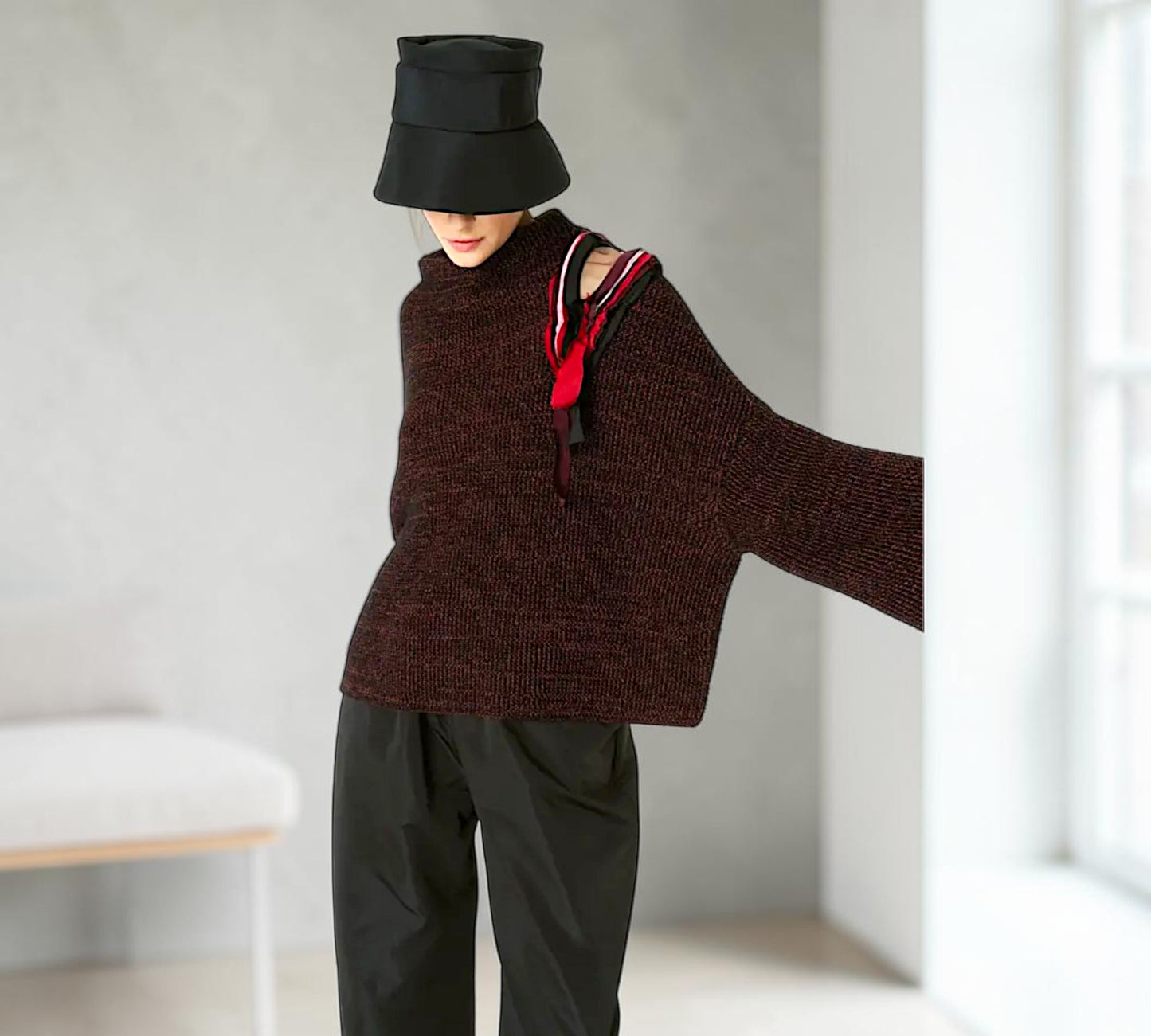Burgundy Sculptural Knit Sweater with Ribbon Shoulder Detail - Above the Crowd Boutique