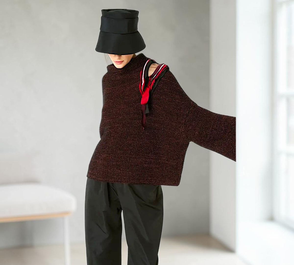 Burgundy Sculptural Knit Sweater with Ribbon Shoulder Detail - Above the Crowd Boutique