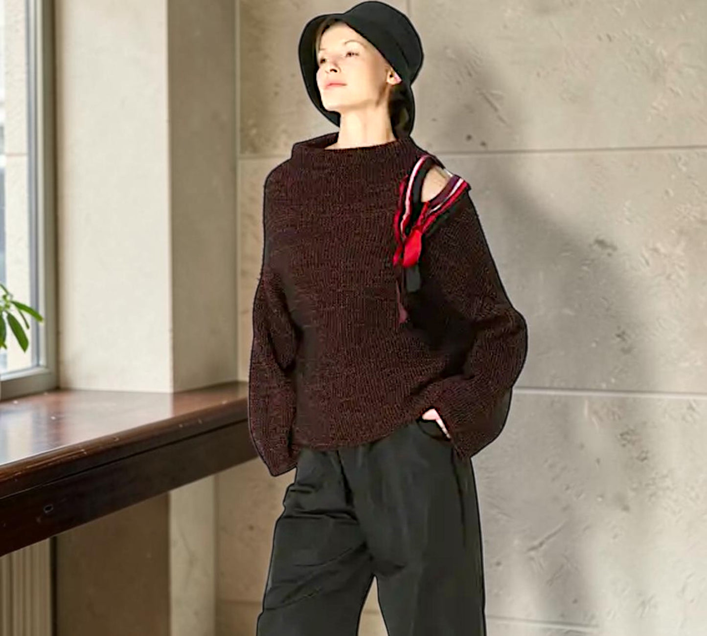 Burgundy Sculptural Knit Sweater with Ribbon Shoulder Detail - Above the Crowd Boutique