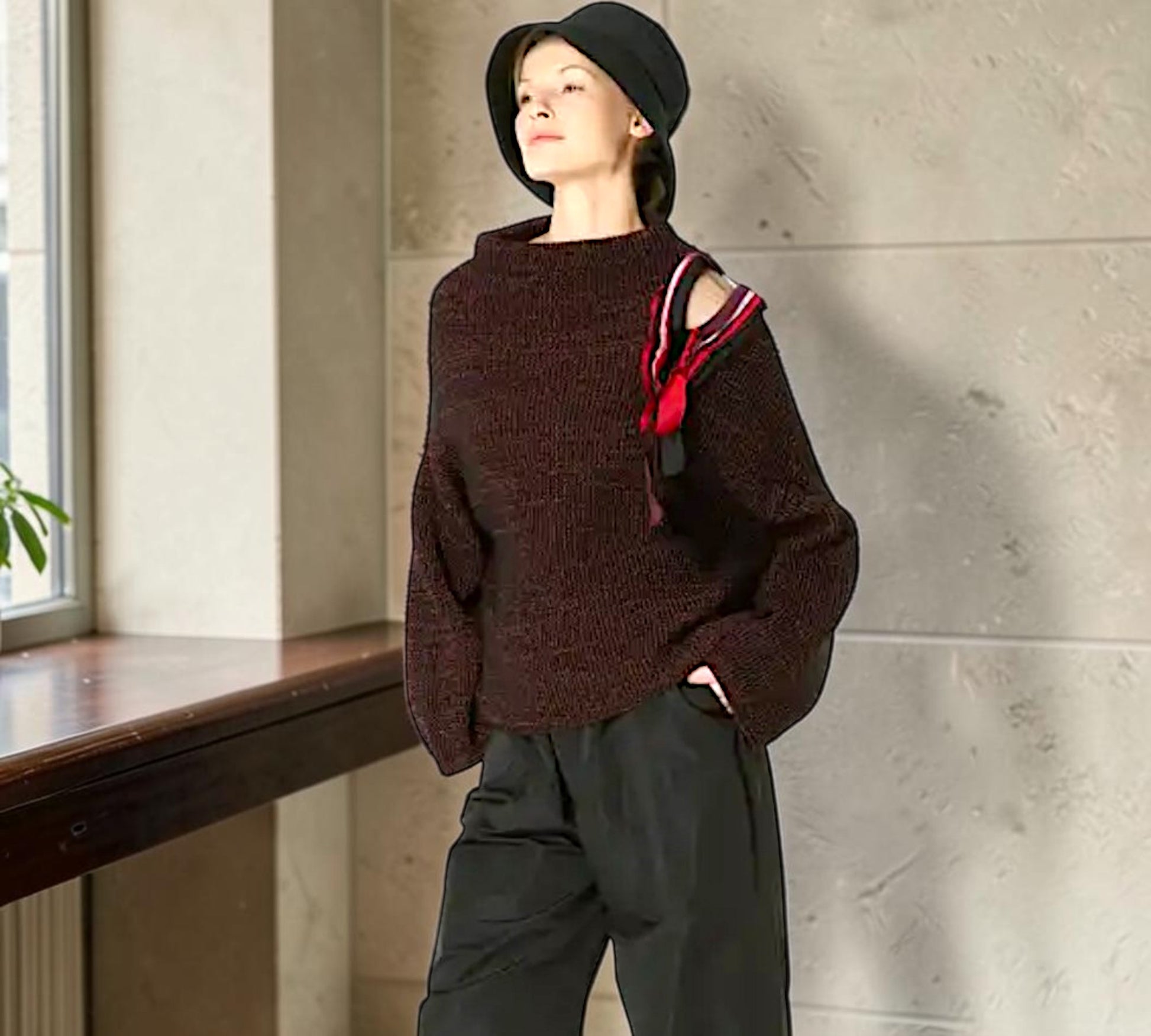 Burgundy Sculptural Knit Sweater with Ribbon Shoulder Detail - Above the Crowd Boutique