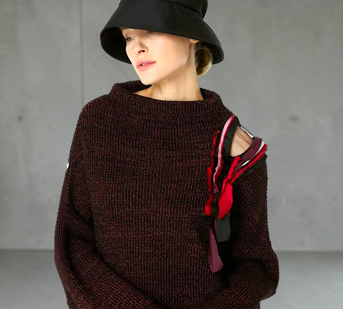 Burgundy Sculptural Knit Sweater with Ribbon Shoulder Detail - Above the Crowd Boutique