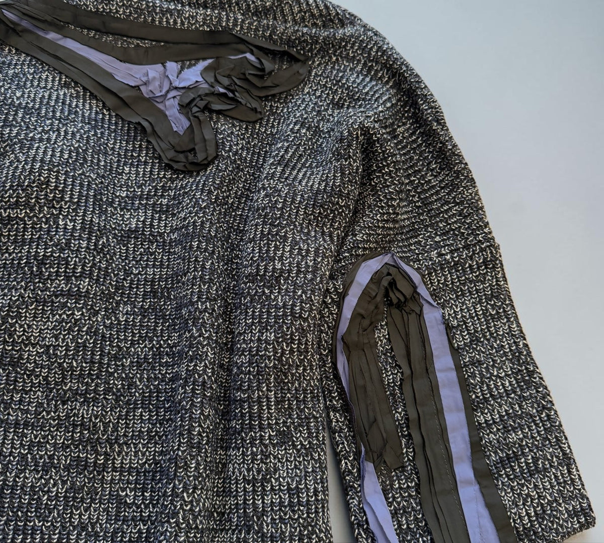 Black & Silver Marled Knit Statement Sweater with Draped Collar & Ribbon Appliqué - Above the Crowd Boutique