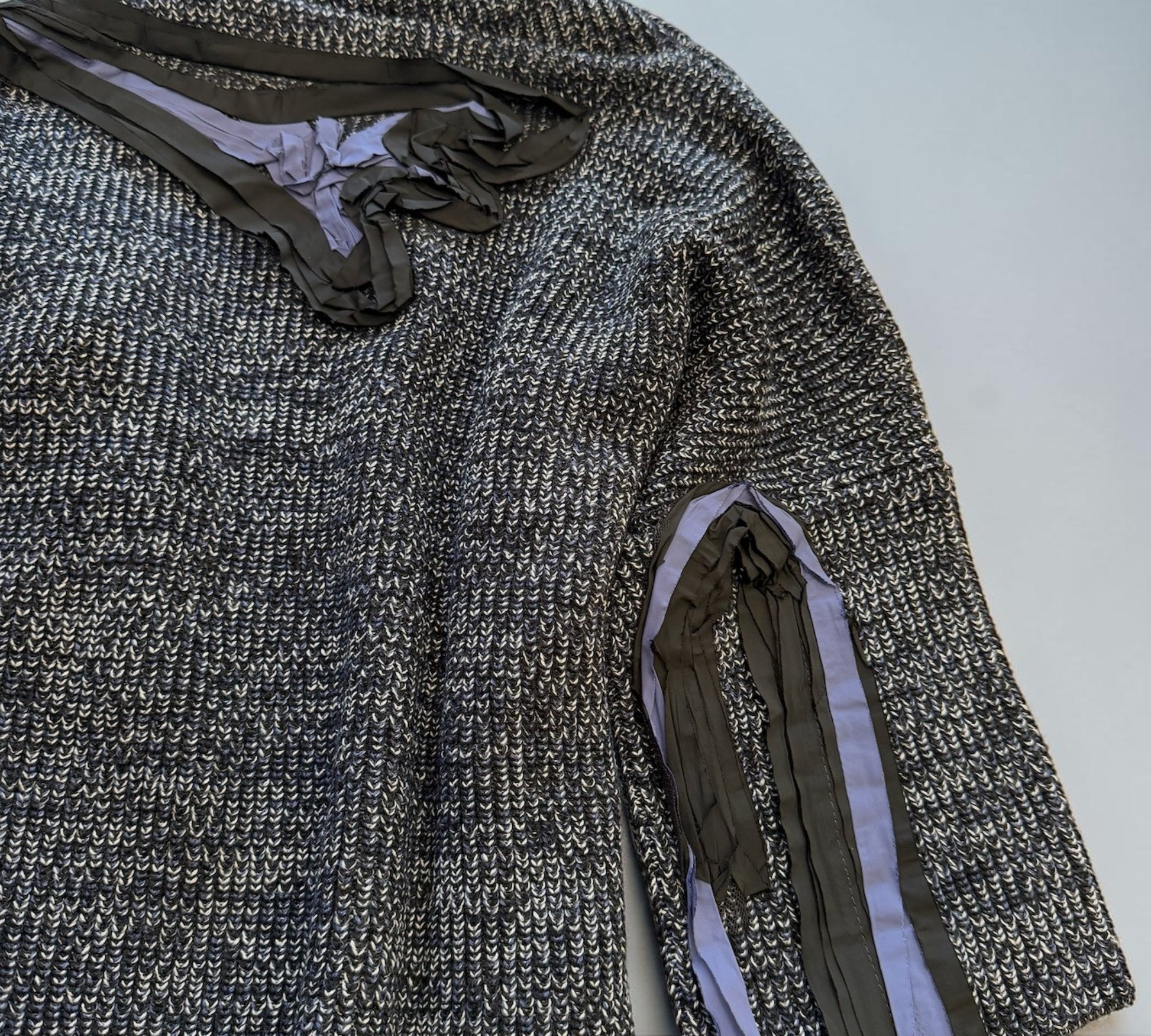 Black & Silver Marled Knit Statement Sweater with Draped Collar & Ribbon Appliqué - Above the Crowd Boutique