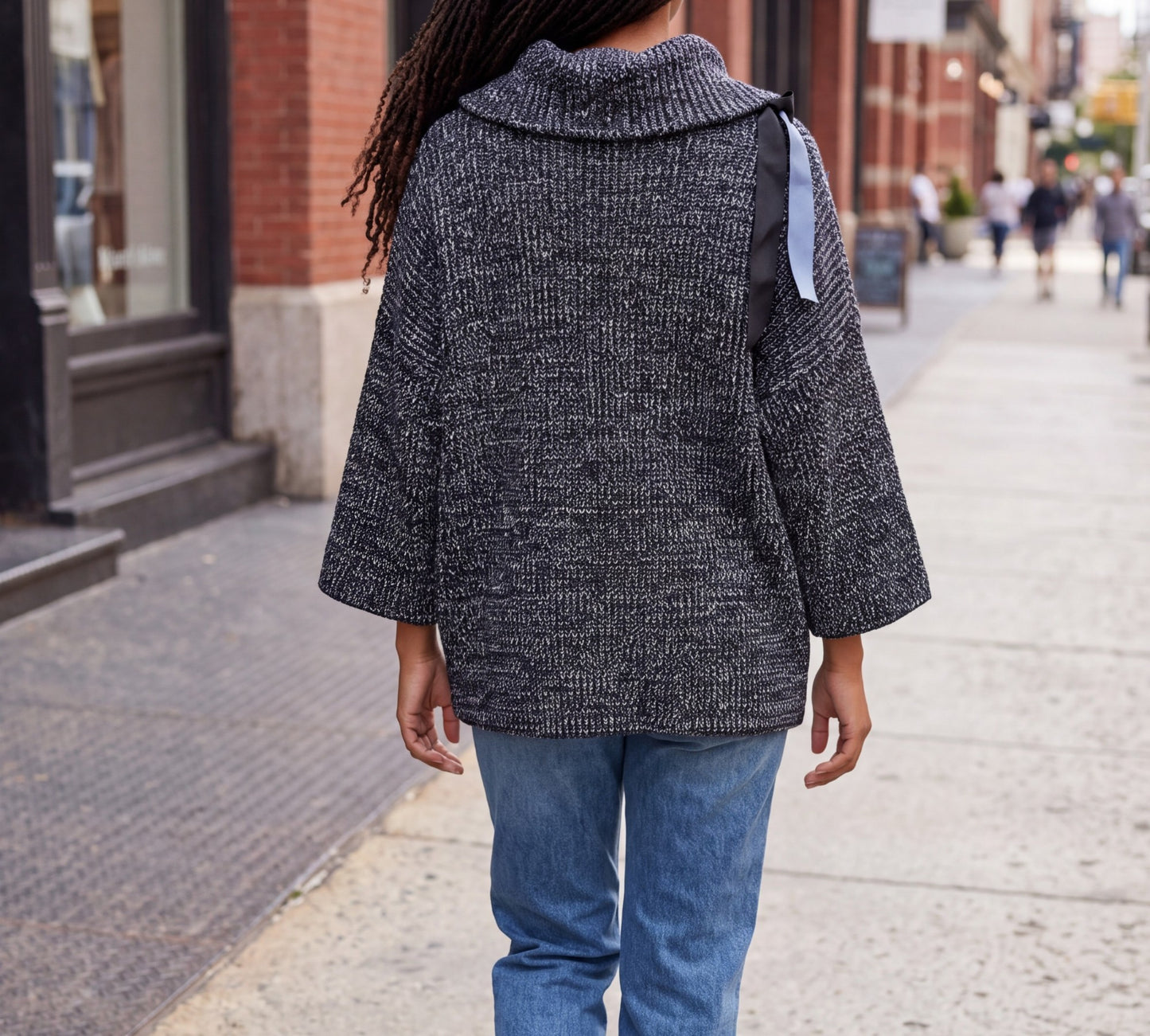Black & Silver Marled Knit Statement Sweater with Draped Collar & Ribbon Appliqué - Above the Crowd Boutique