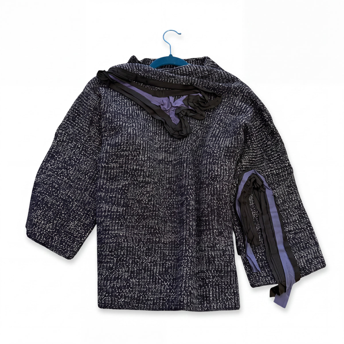 Black & Silver Marled Knit Statement Sweater with Draped Collar & Ribbon Appliqué - Above the Crowd Boutique