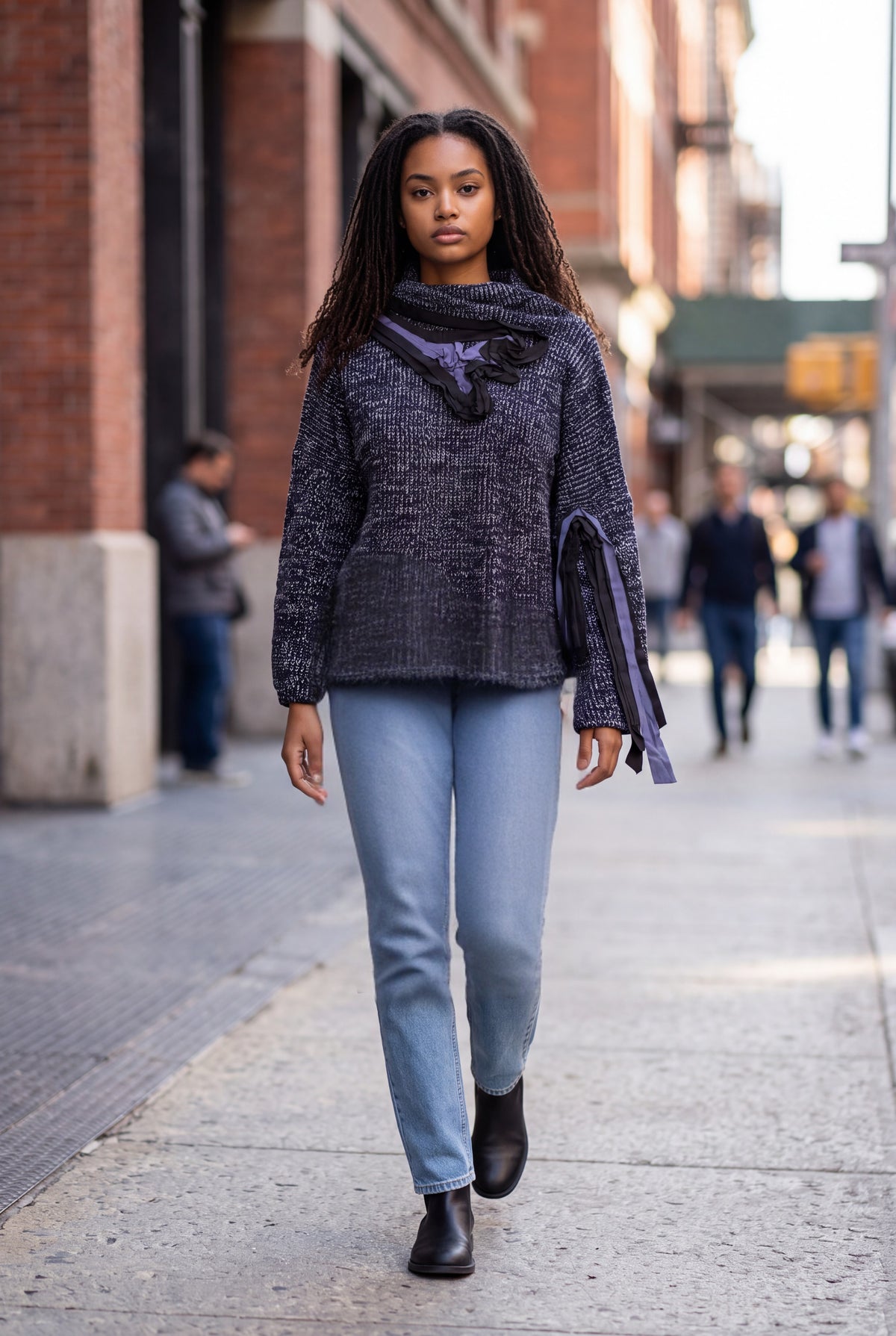 Black & Silver Marled Knit Statement Sweater with Draped Collar & Ribbon Appliqué - Above the Crowd Boutique