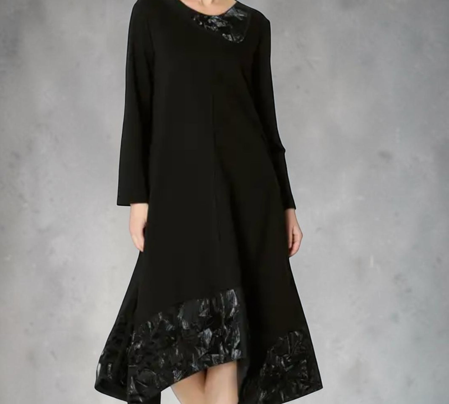 Black Asymmetrical Midi Dress with Glossy Textured Trim - Above the Crowd Boutique