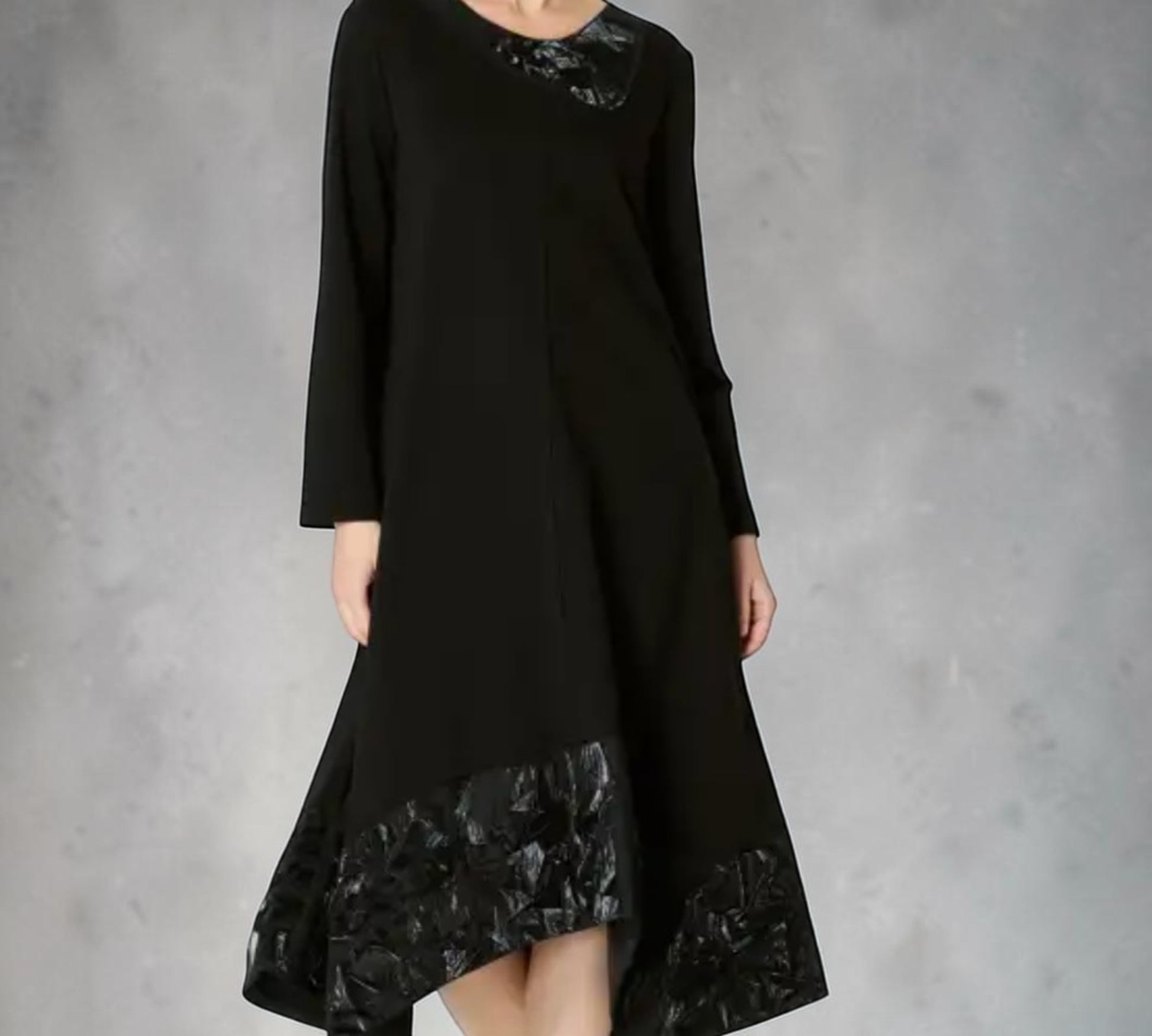Black Asymmetrical Midi Dress with Glossy Textured Trim - Above the Crowd Boutique