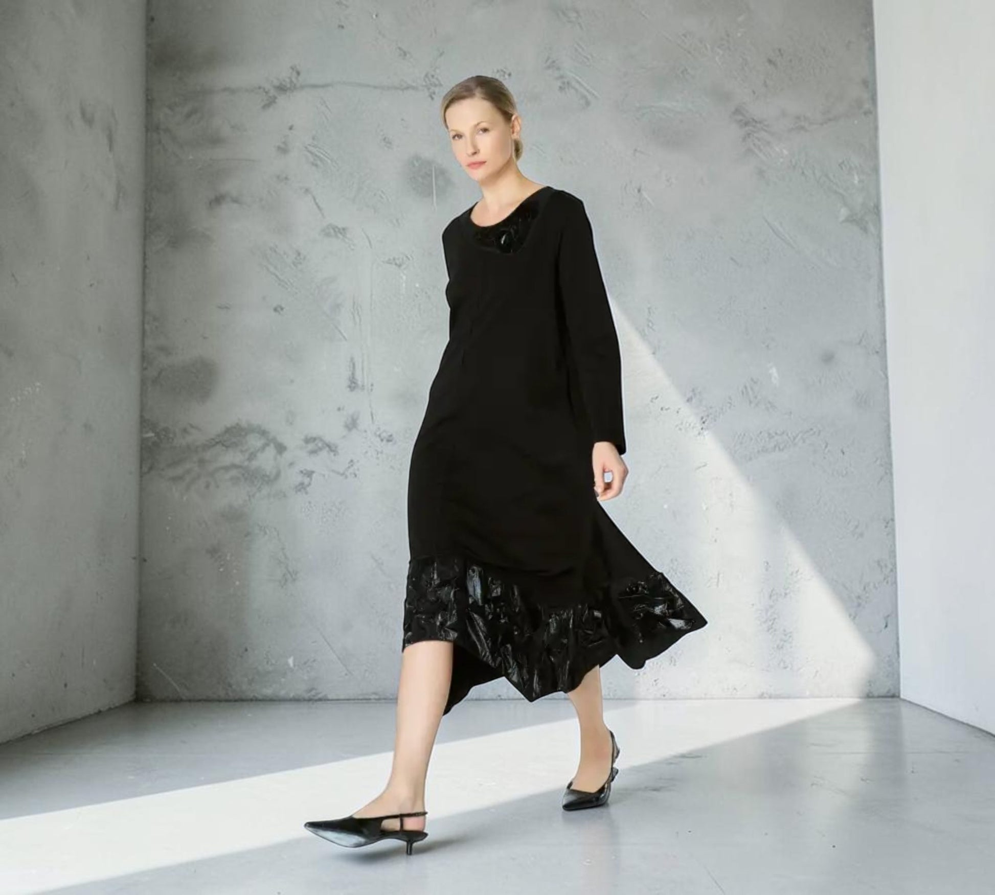 Black Asymmetrical Midi Dress with Glossy Textured Trim - Above the Crowd Boutique