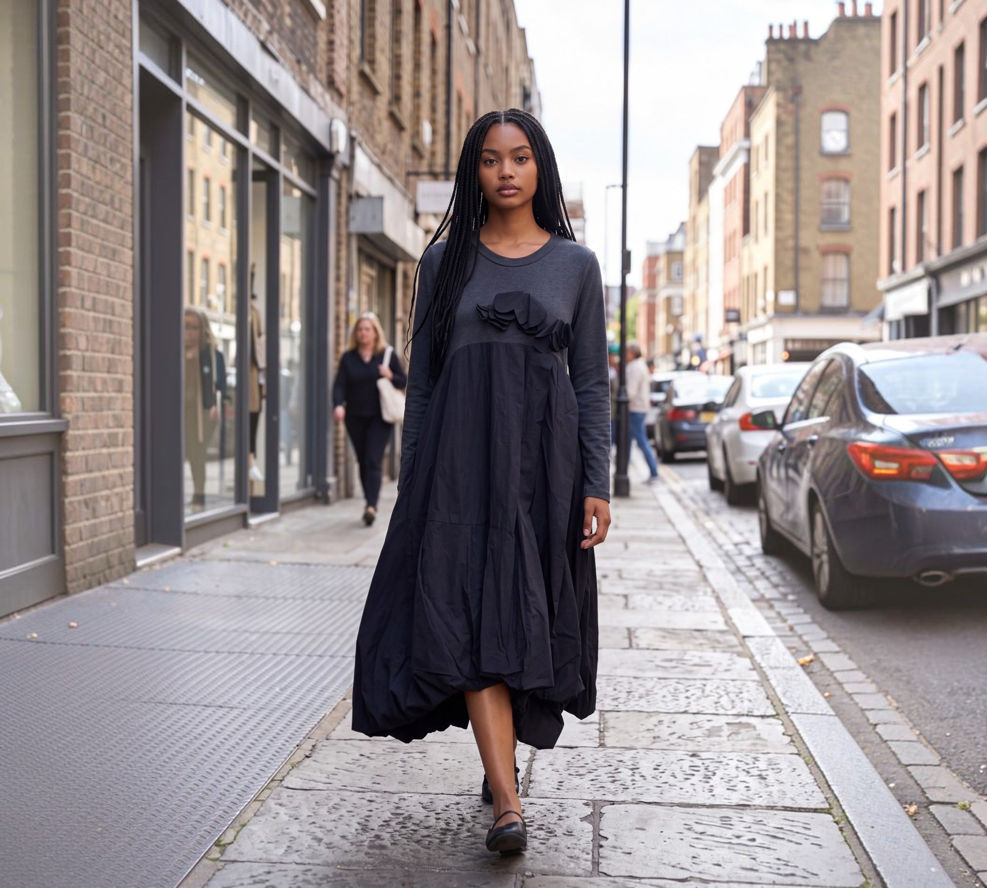Navy Mixed-Media Bubble Hem Midi Dress with Floral Appliqué - Above the Crowd Boutique