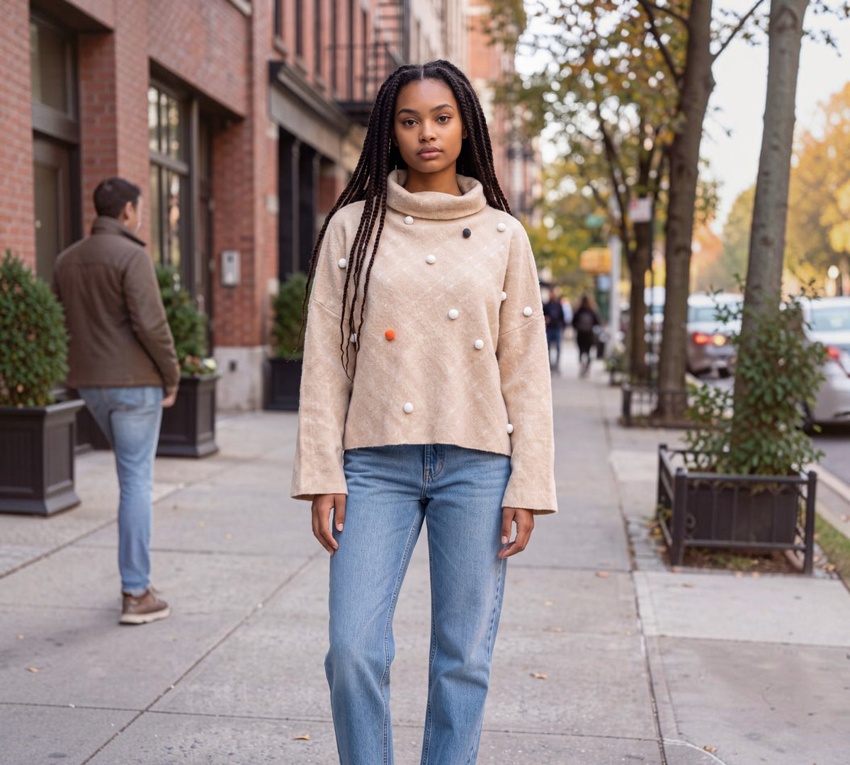 Beige Pom-Pom Embellished Oversized Turtleneck Sweater - Above the Crowd Boutique