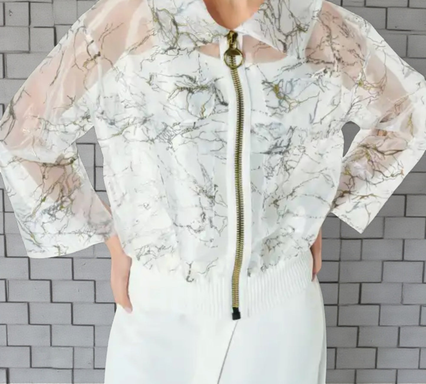 Bize Sheer Marble Print Zip Top – Modern Statement Layer- Above the Crowd Boutique