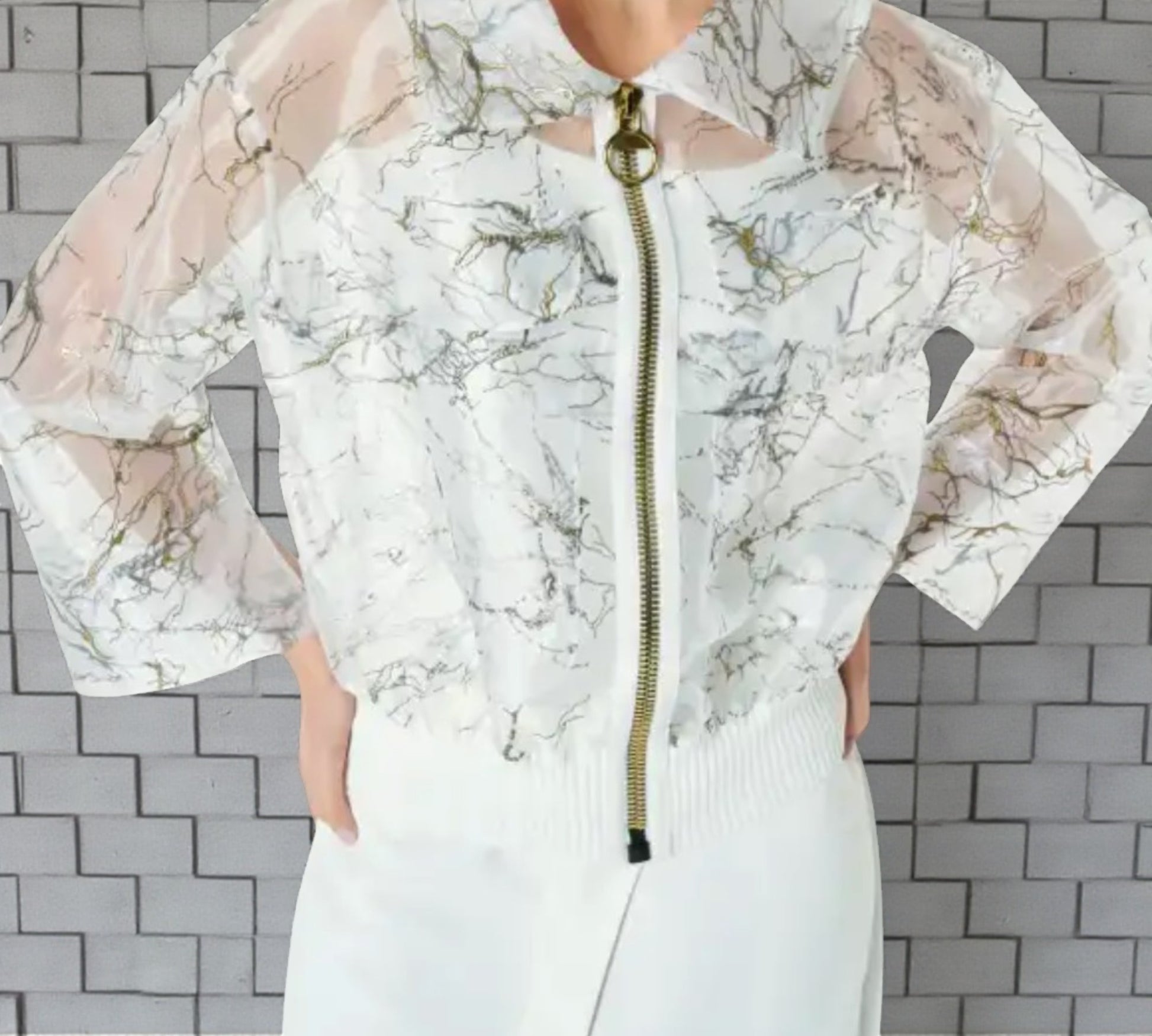 Bize Sheer Marble Print Zip Top – Modern Statement Layer- Above the Crowd Boutique