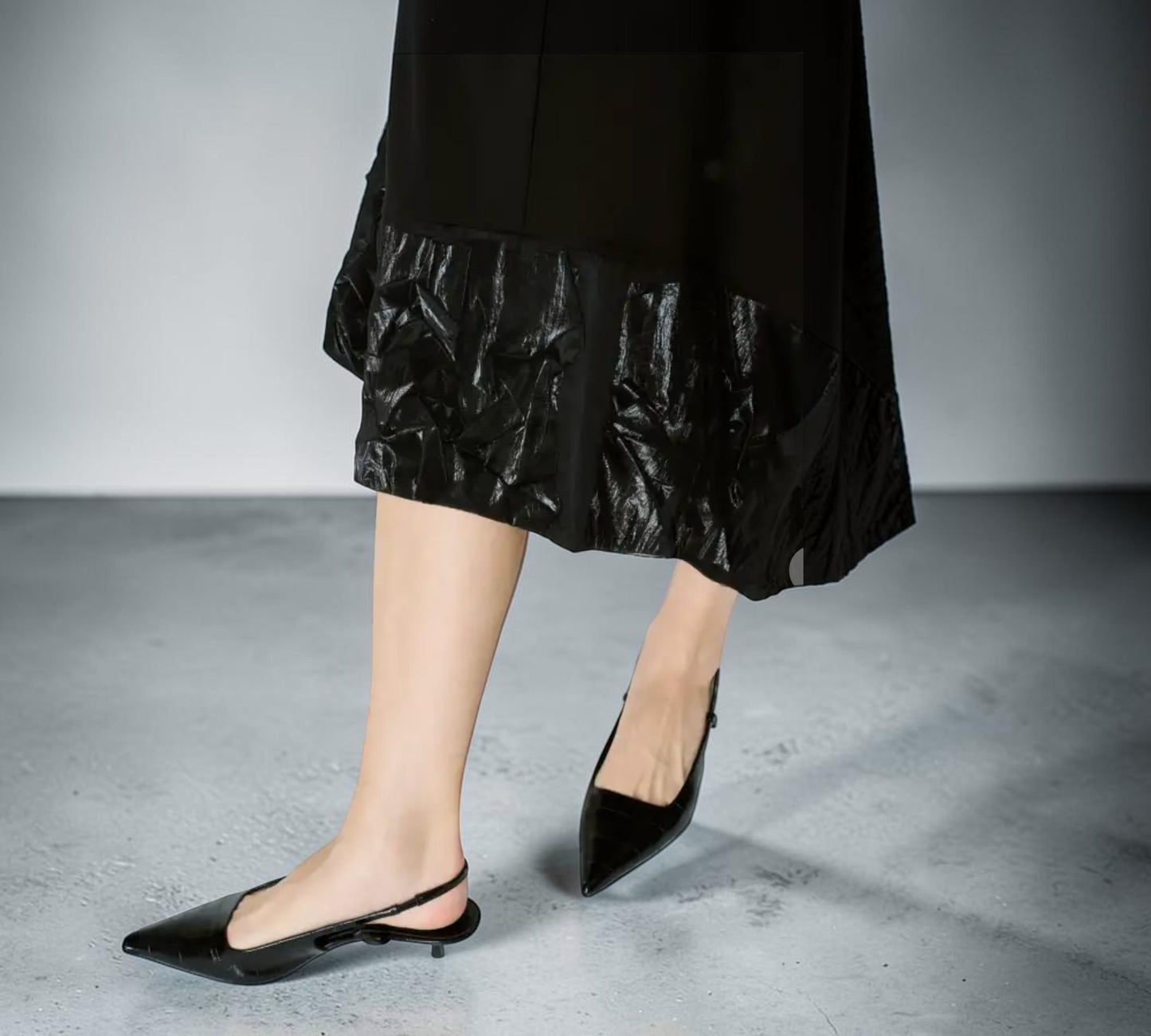 Black Asymmetrical Midi Dress with Glossy Textured Trim - Above the Crowd Boutique