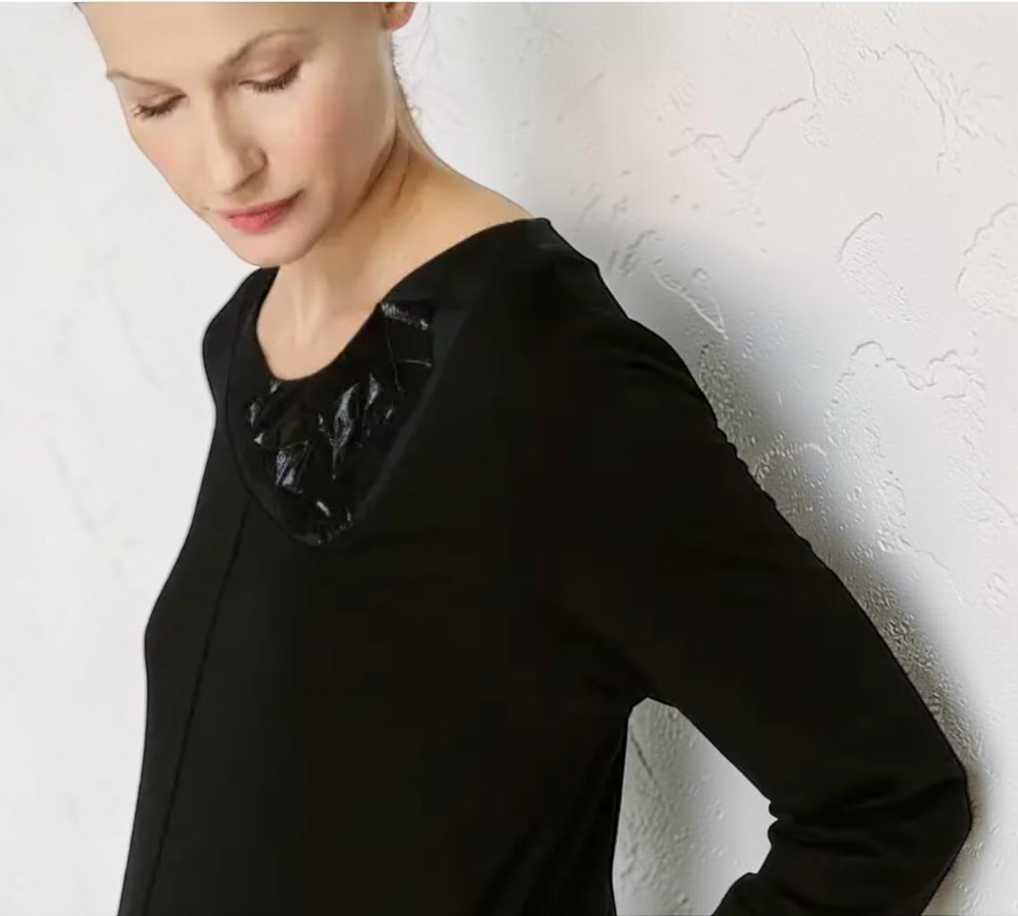 Black Asymmetrical Midi Dress with Glossy Textured Trim - Above the Crowd Boutique