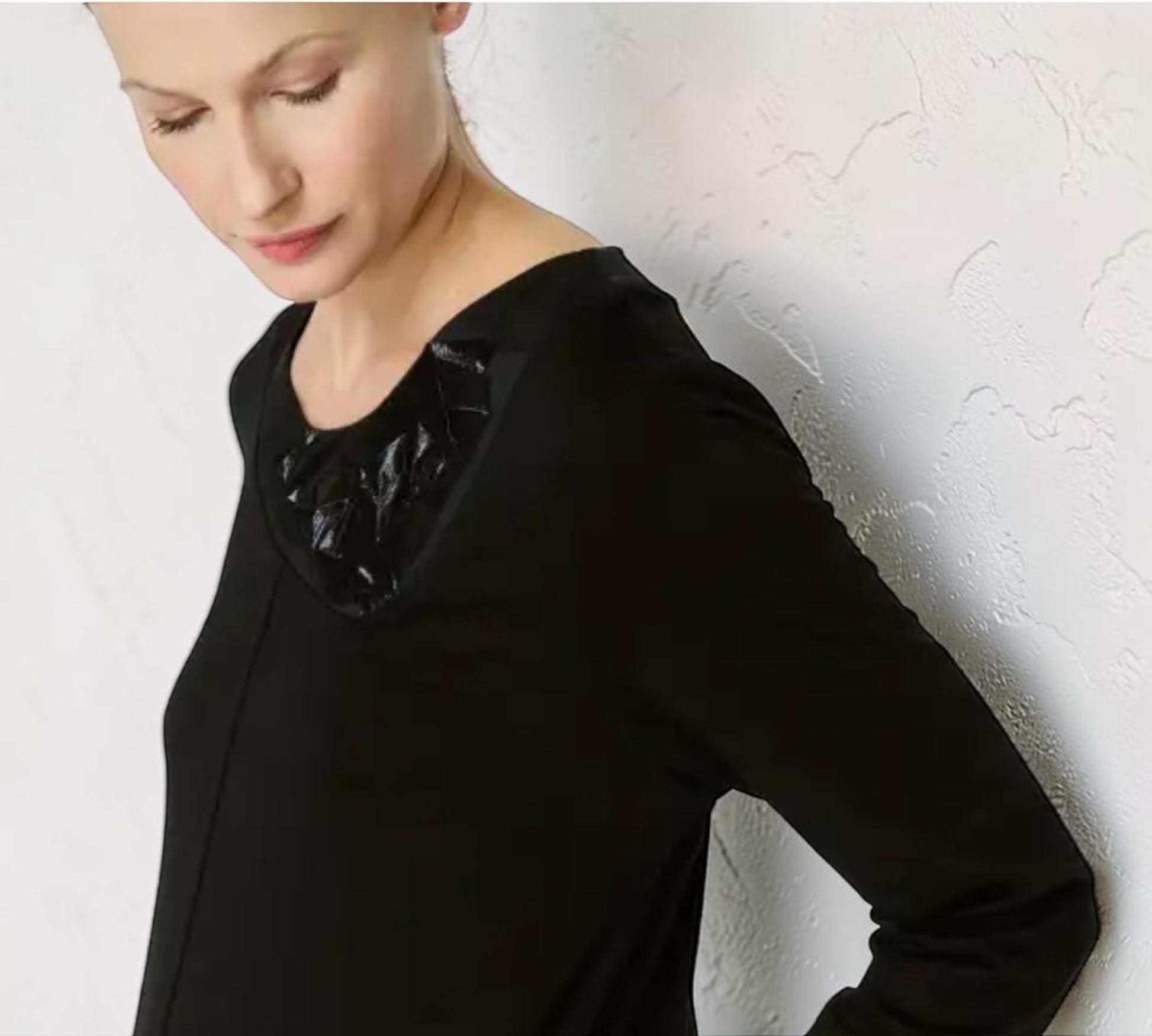 Black Asymmetrical Midi Dress with Glossy Textured Trim - Above the Crowd Boutique
