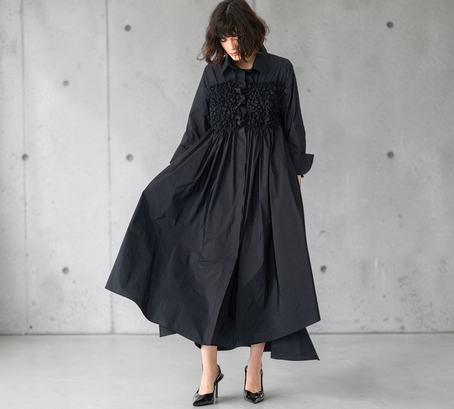 Black Textured Bust Shirt Dress with Voluminous Maxi Silhouette - Above the Crowd Boutique