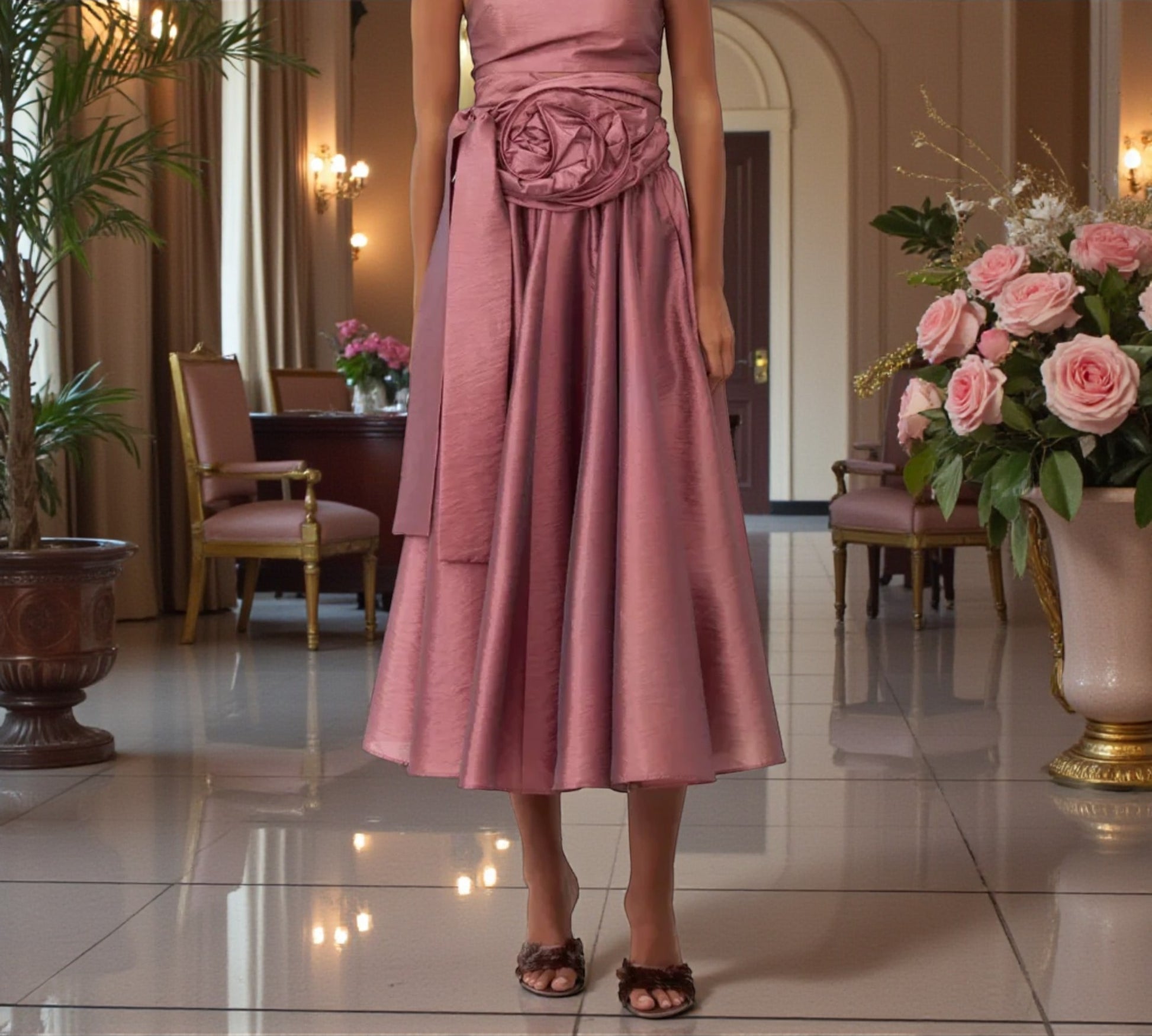 Bize High-Waist Rosette Midi Skirt - Above the Crowd Boutique