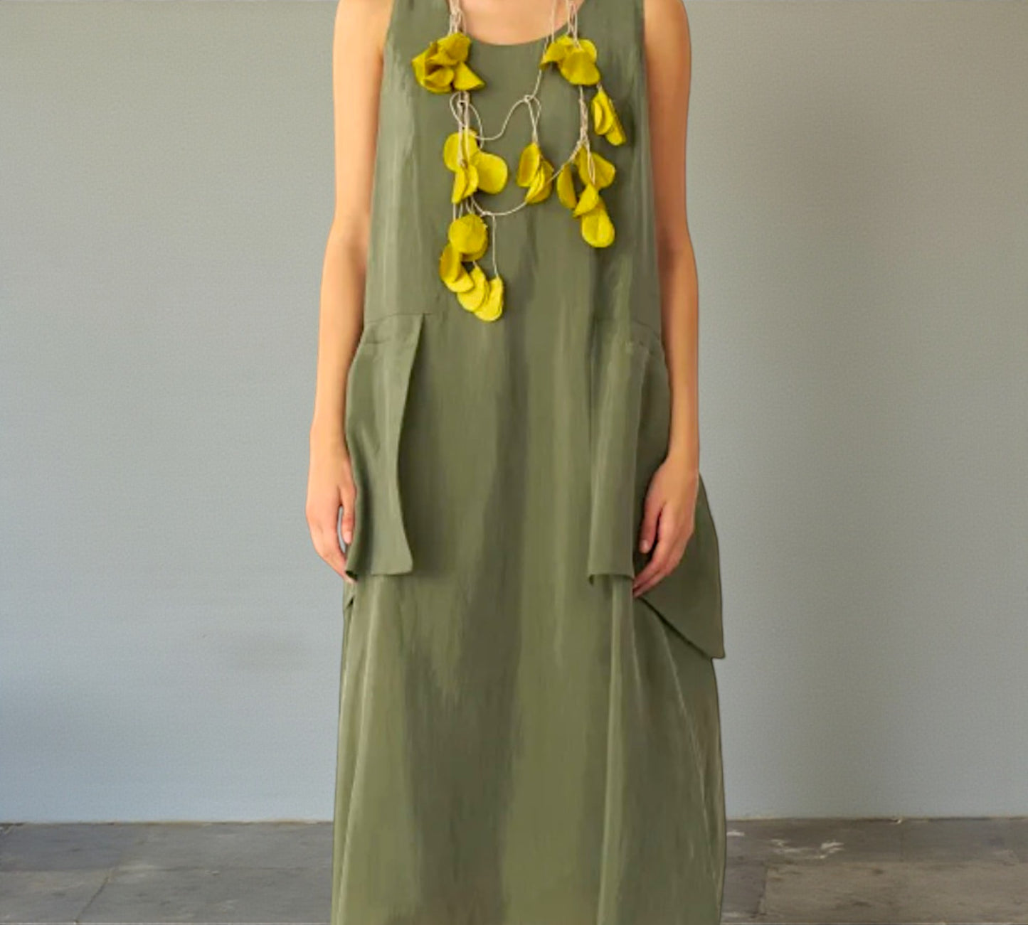 Bize Sleeveless Olive Maxi Dress with Statement Pockets - Above the Crowd Boutique