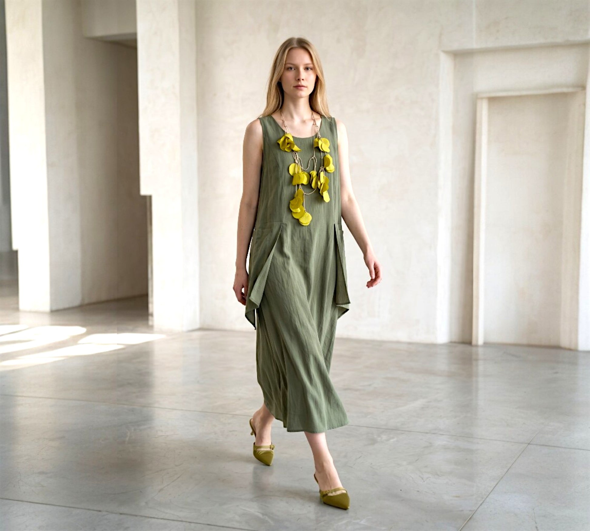 Bize Sleeveless Olive Maxi Dress with Statement Pockets - Above the Crowd Boutique