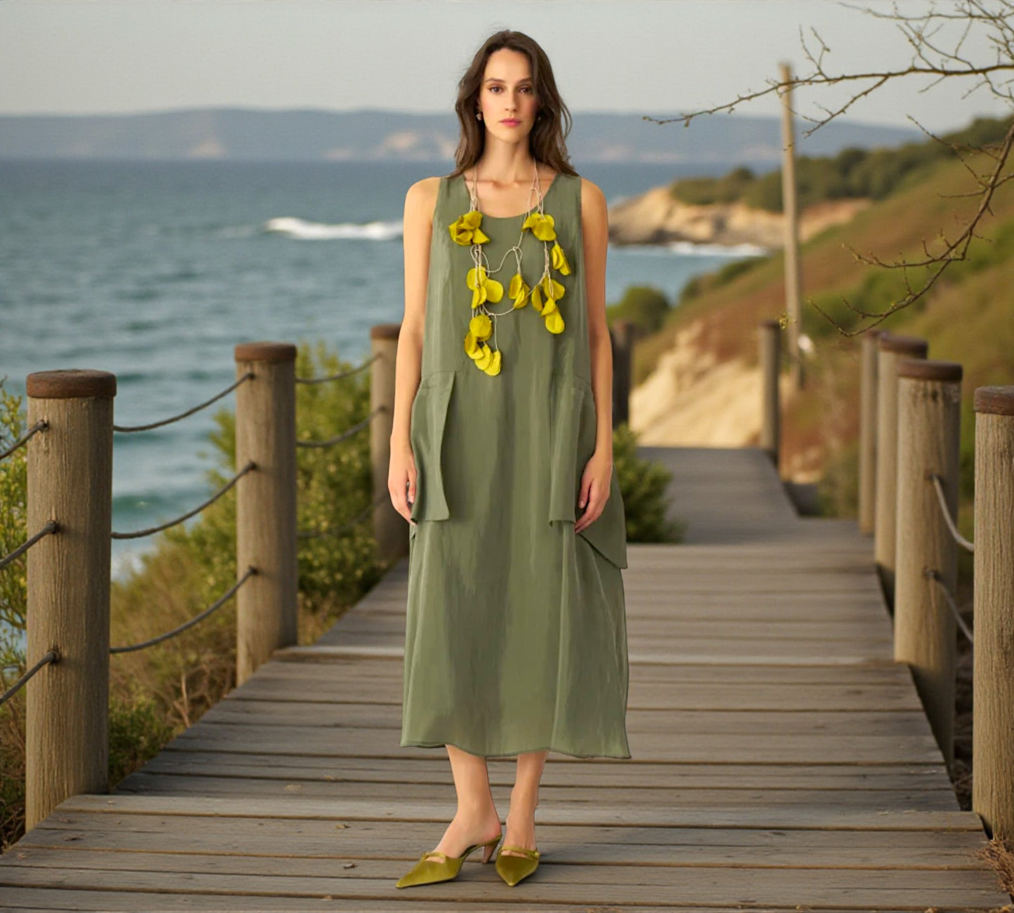 Bize Sleeveless Olive Maxi Dress with Statement Pockets - Above the Crowd Boutique
