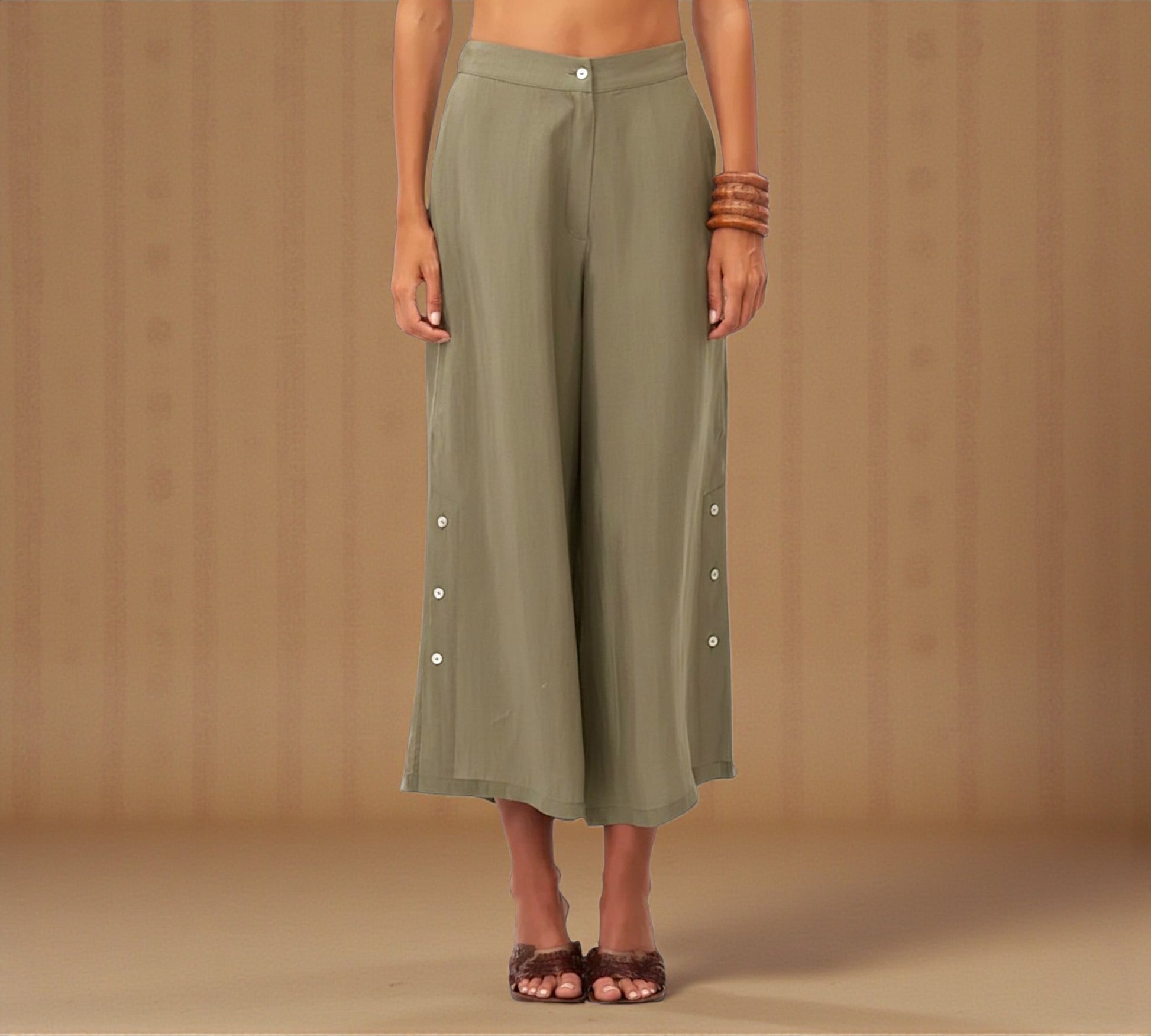 Bize Olive Wide-Leg Cropped Pants with Button Detail - Above the Crowd Boutique