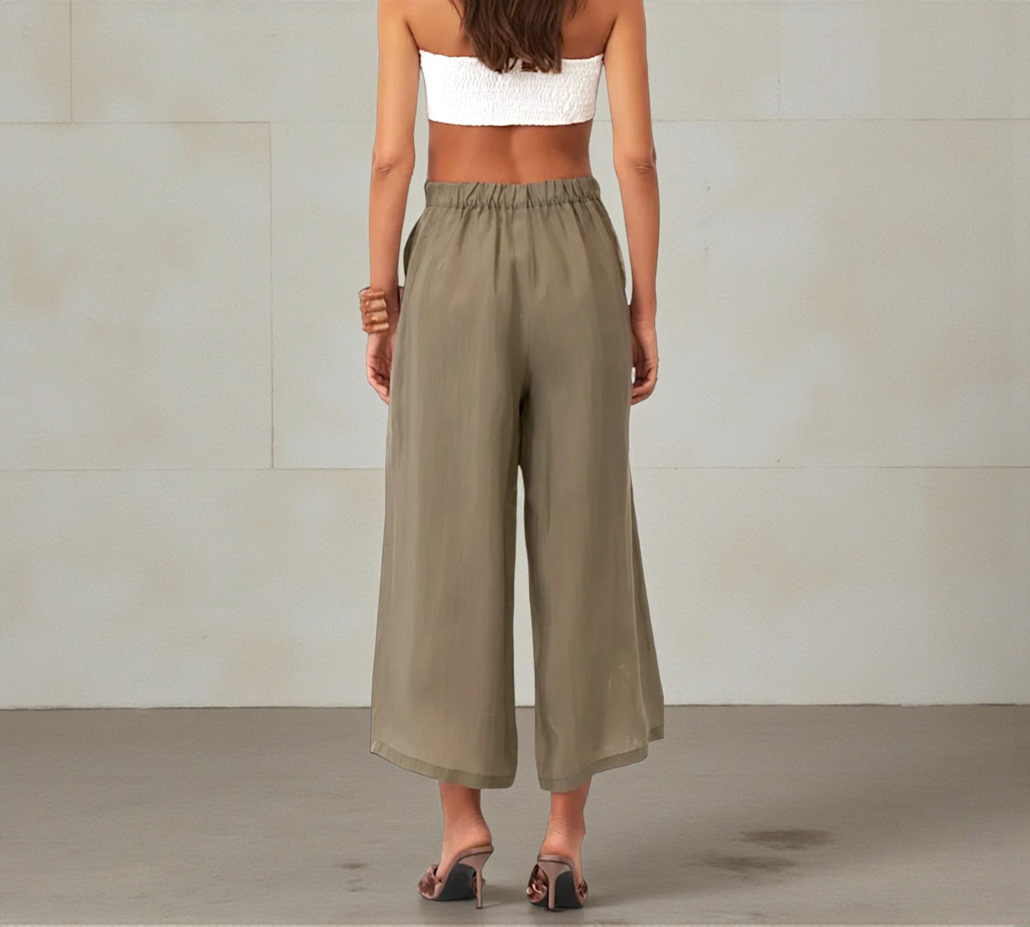 Bize Olive Wide-Leg Cropped Pants with Button Detail - Above the Crowd Boutique