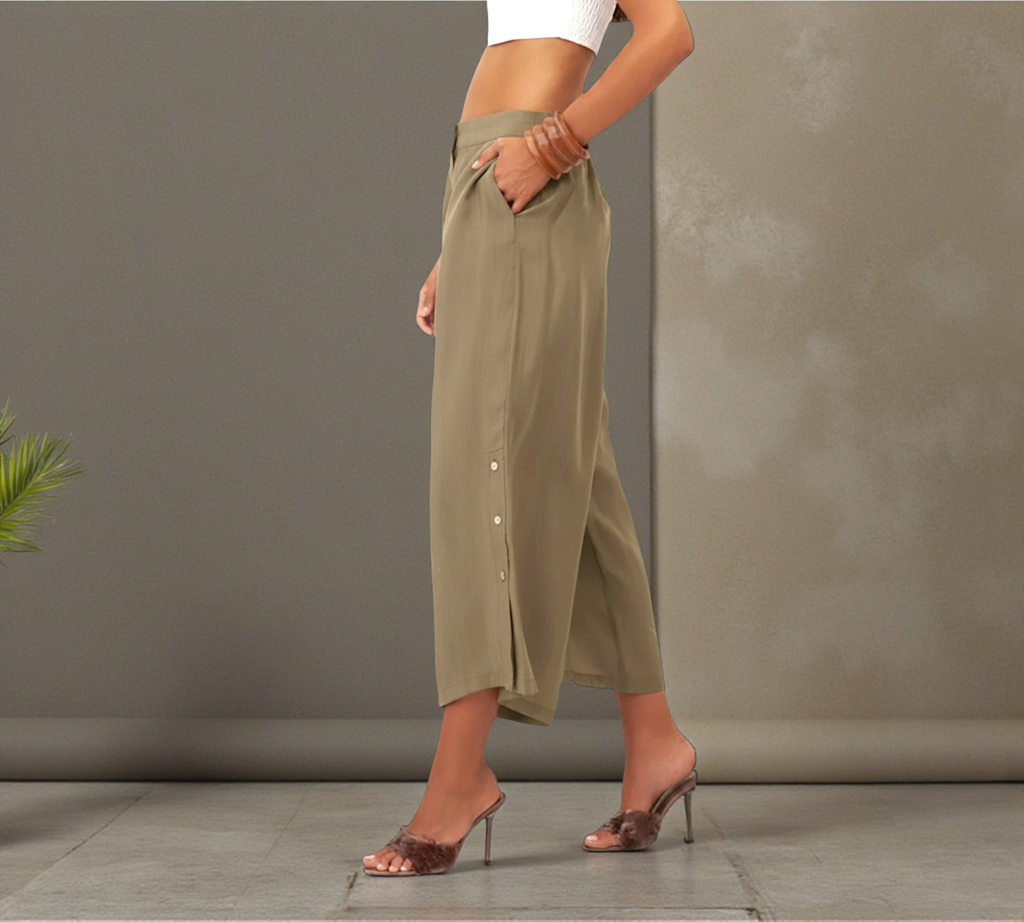 Bize Olive Wide-Leg Cropped Pants with Button Detail - Above the Crowd Boutique