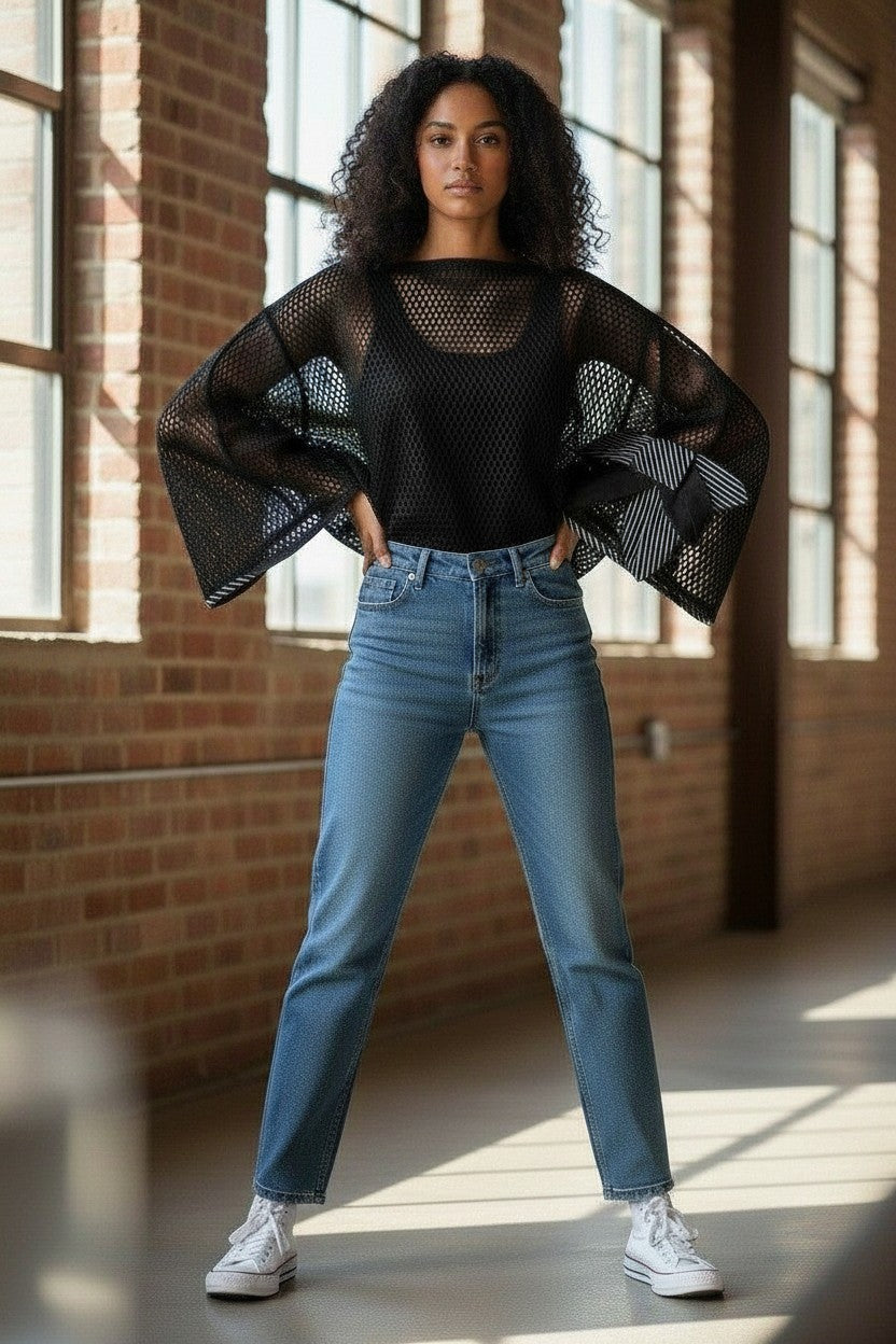 Bize Oversized Mesh Bow Sleeve Top - Above the Crowd Boutique