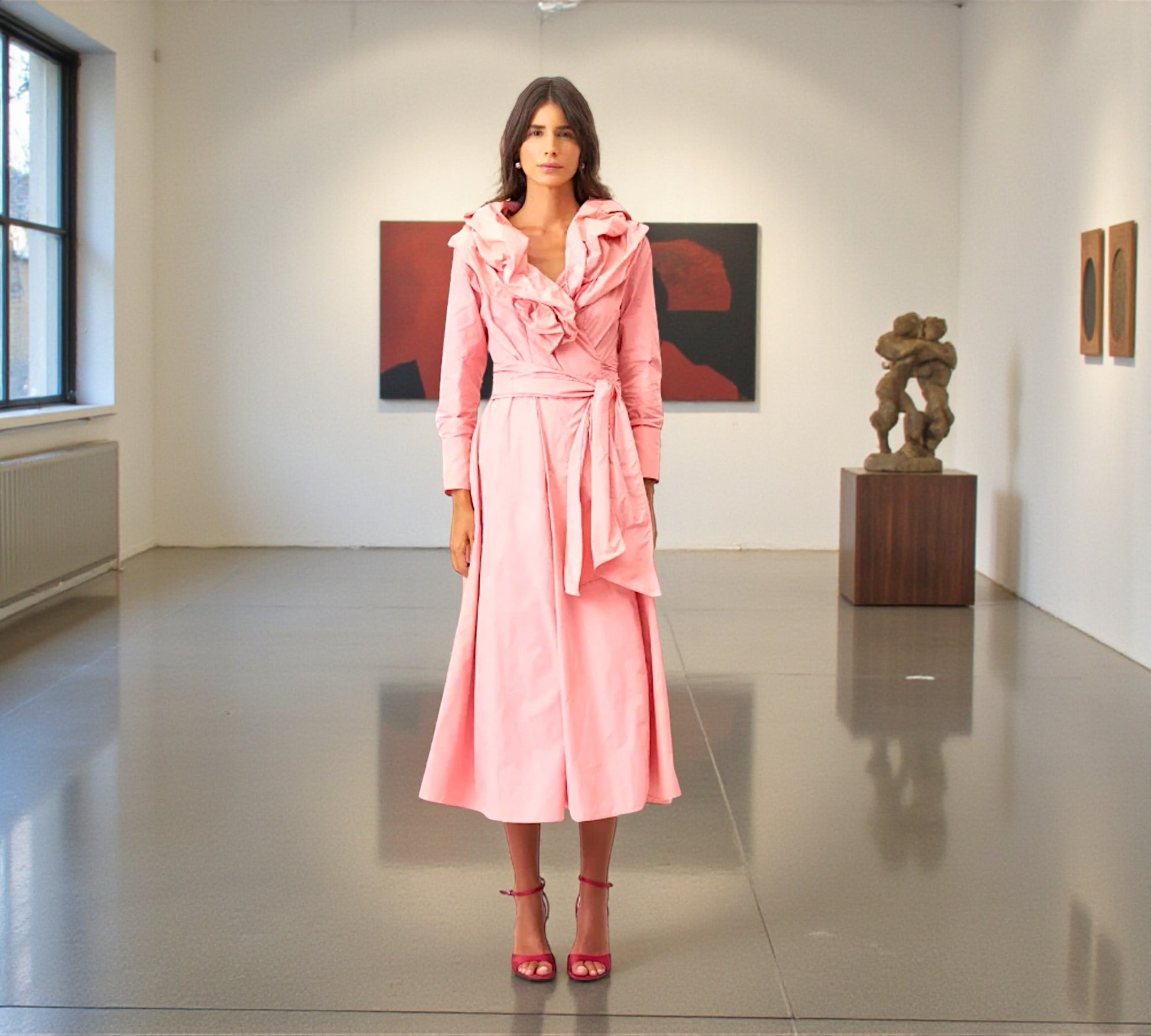 Bize Blush Pink Wrap Midi Dress with Sculptural Ruffle Collar - Above the Crowd Boutique