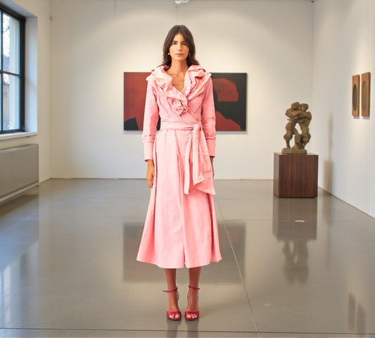 Bize Blush Pink Wrap Midi Dress with Sculptural Ruffle Collar - Above the Crowd Boutique