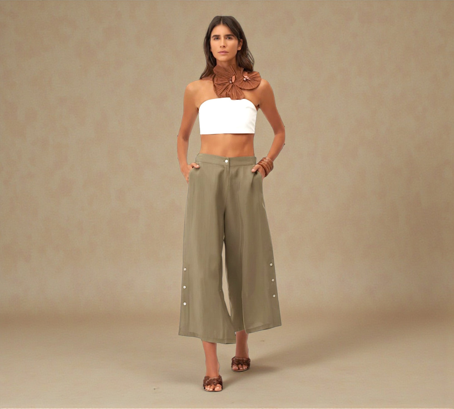 Bize Olive Wide-Leg Cropped Pants with Button Detail - Above the Crowd Boutique
