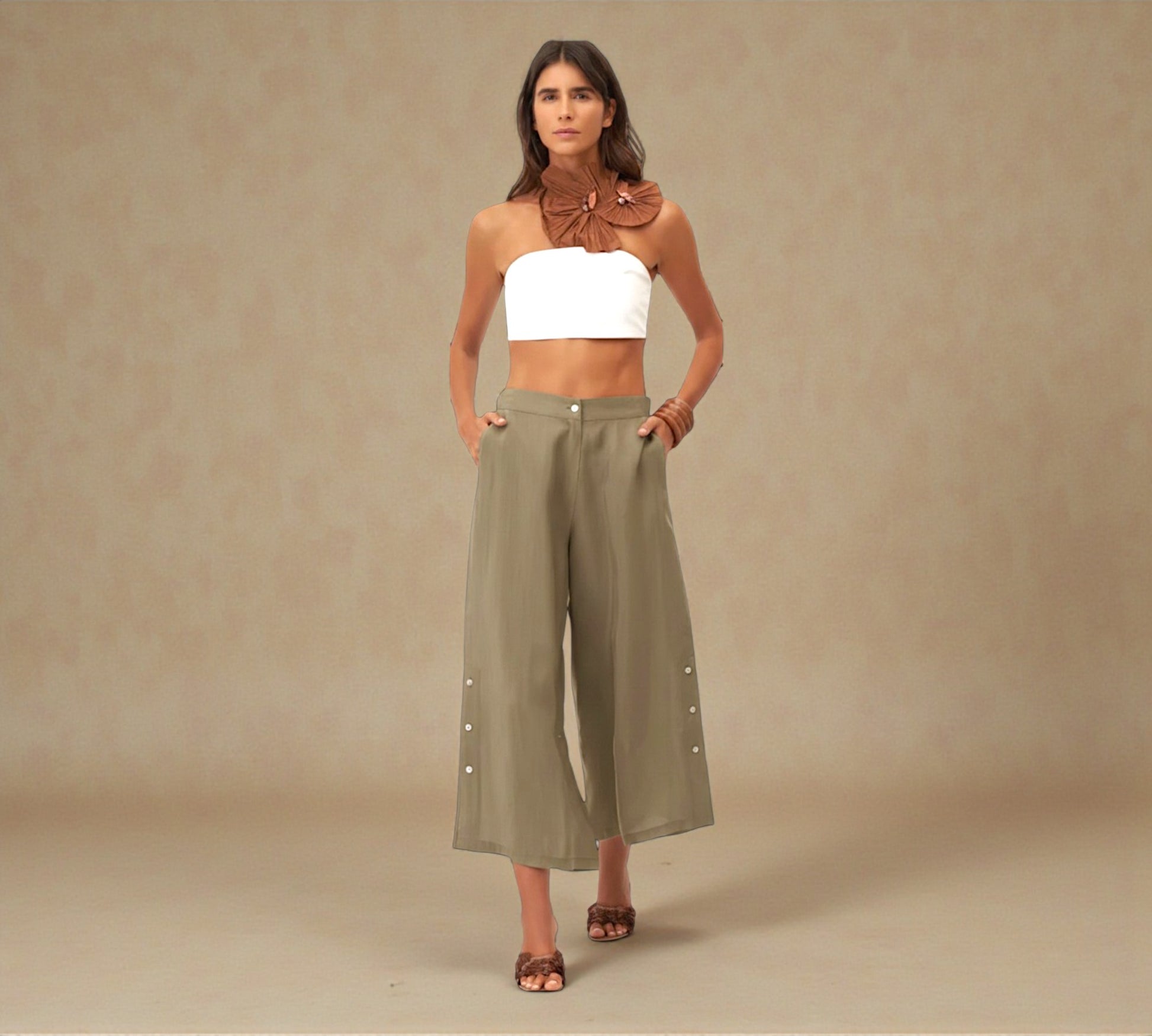Bize Olive Wide-Leg Cropped Pants with Button Detail - Above the Crowd Boutique