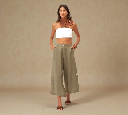 Bize Olive Wide-Leg Cropped Pants with Button Detail - Above the Crowd Boutique