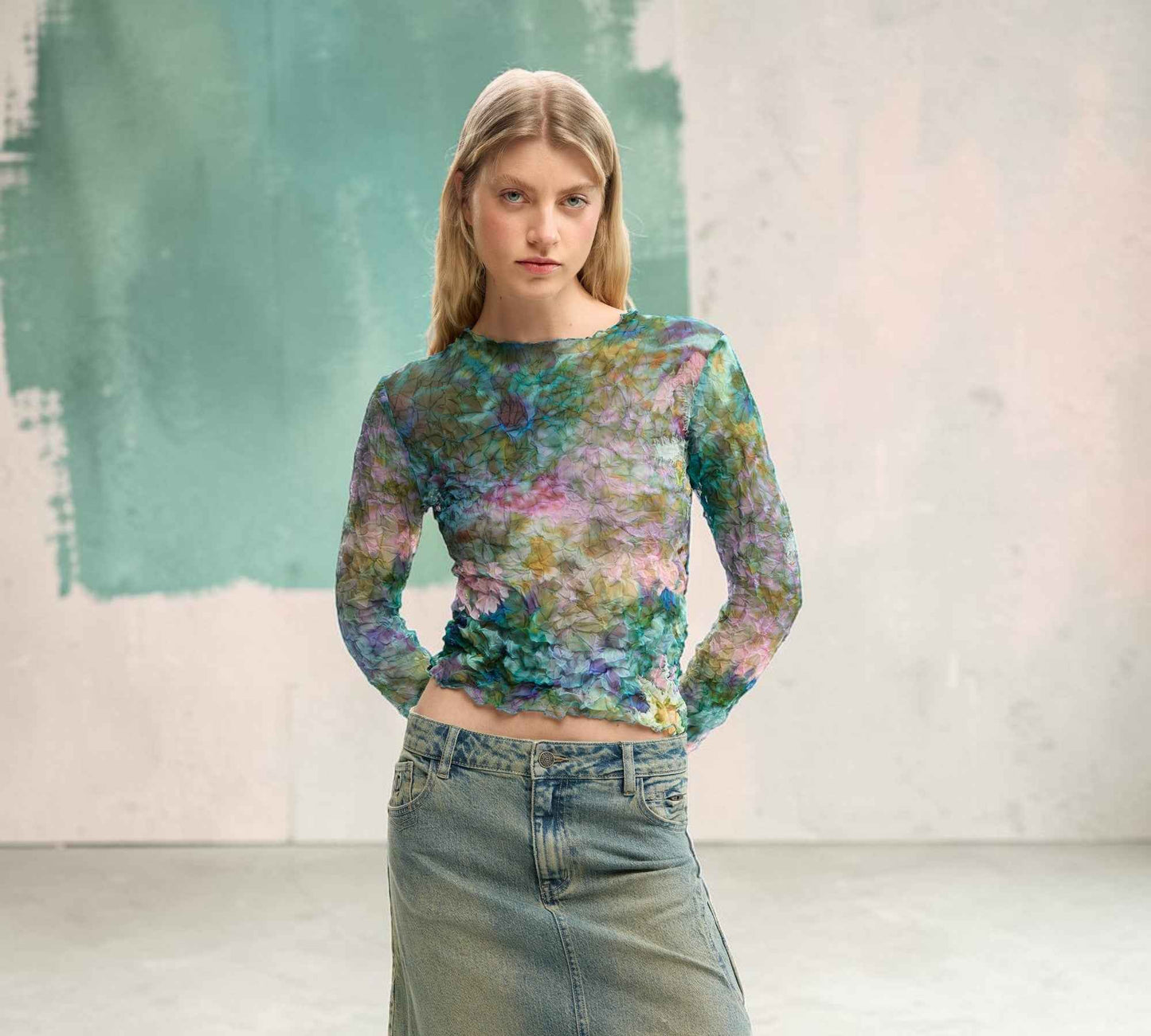 Watercolor Floral Mesh Long Sleeve Top