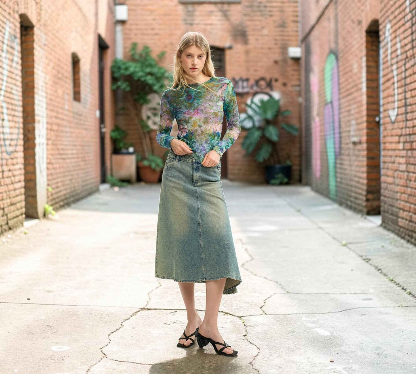 Watercolor Floral Mesh Long Sleeve Top