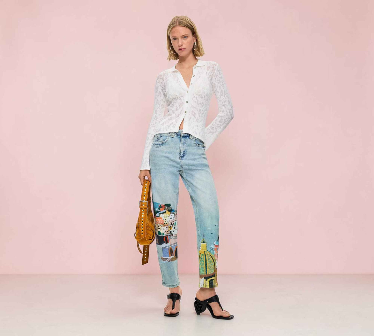 Mediterranean Cityscape Print Straight Leg Jeans