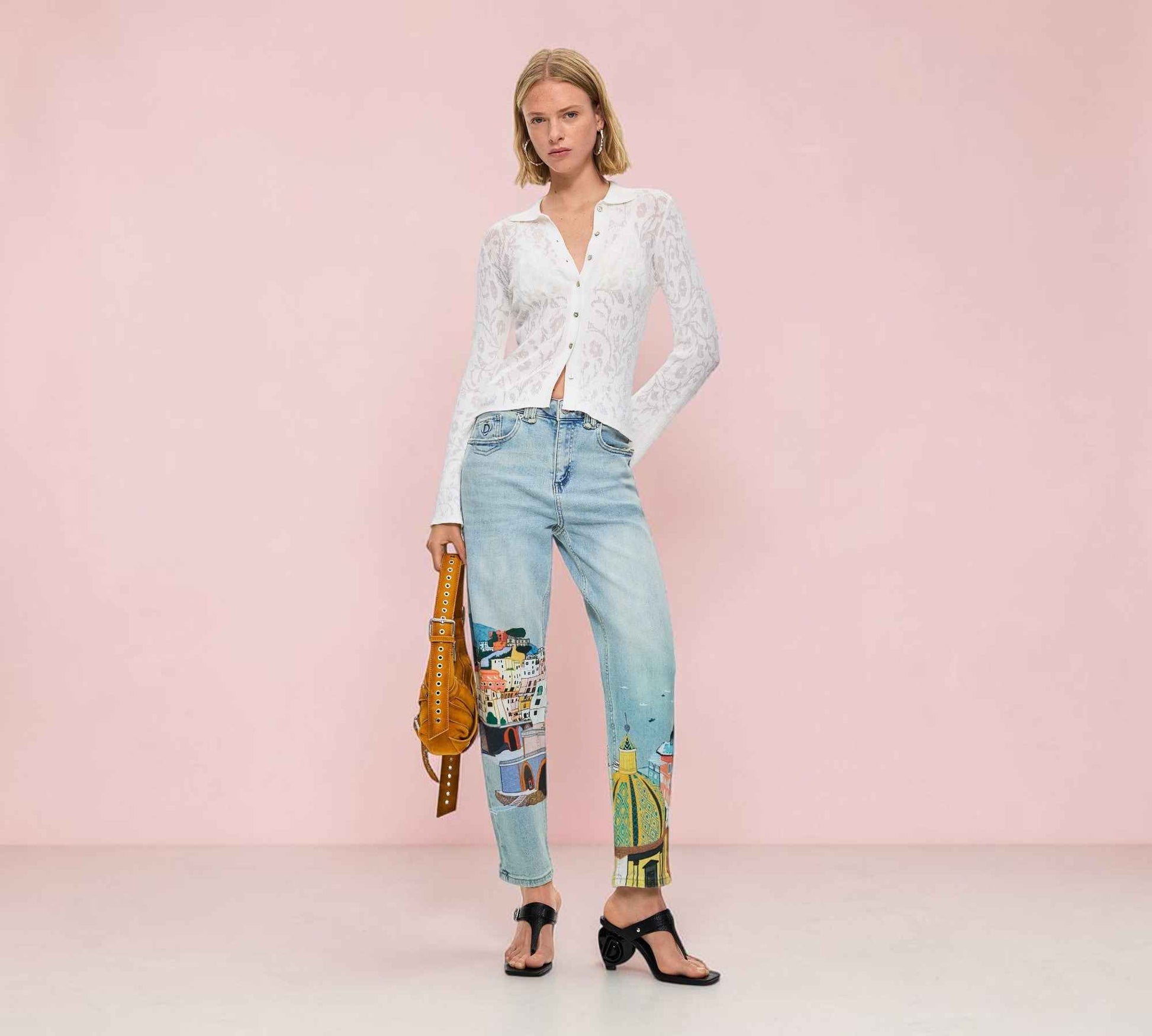 Mediterranean Cityscape Print Straight Leg Jeans