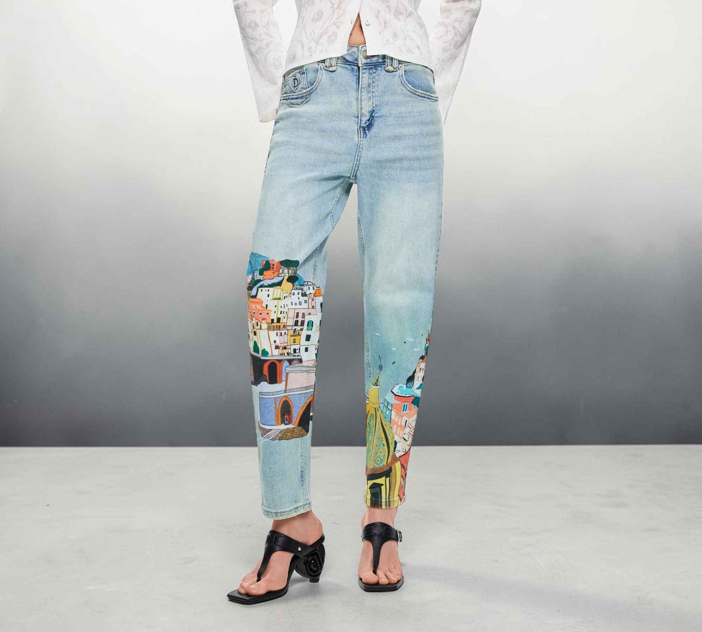 Mediterranean Cityscape Print Straight Leg Jeans