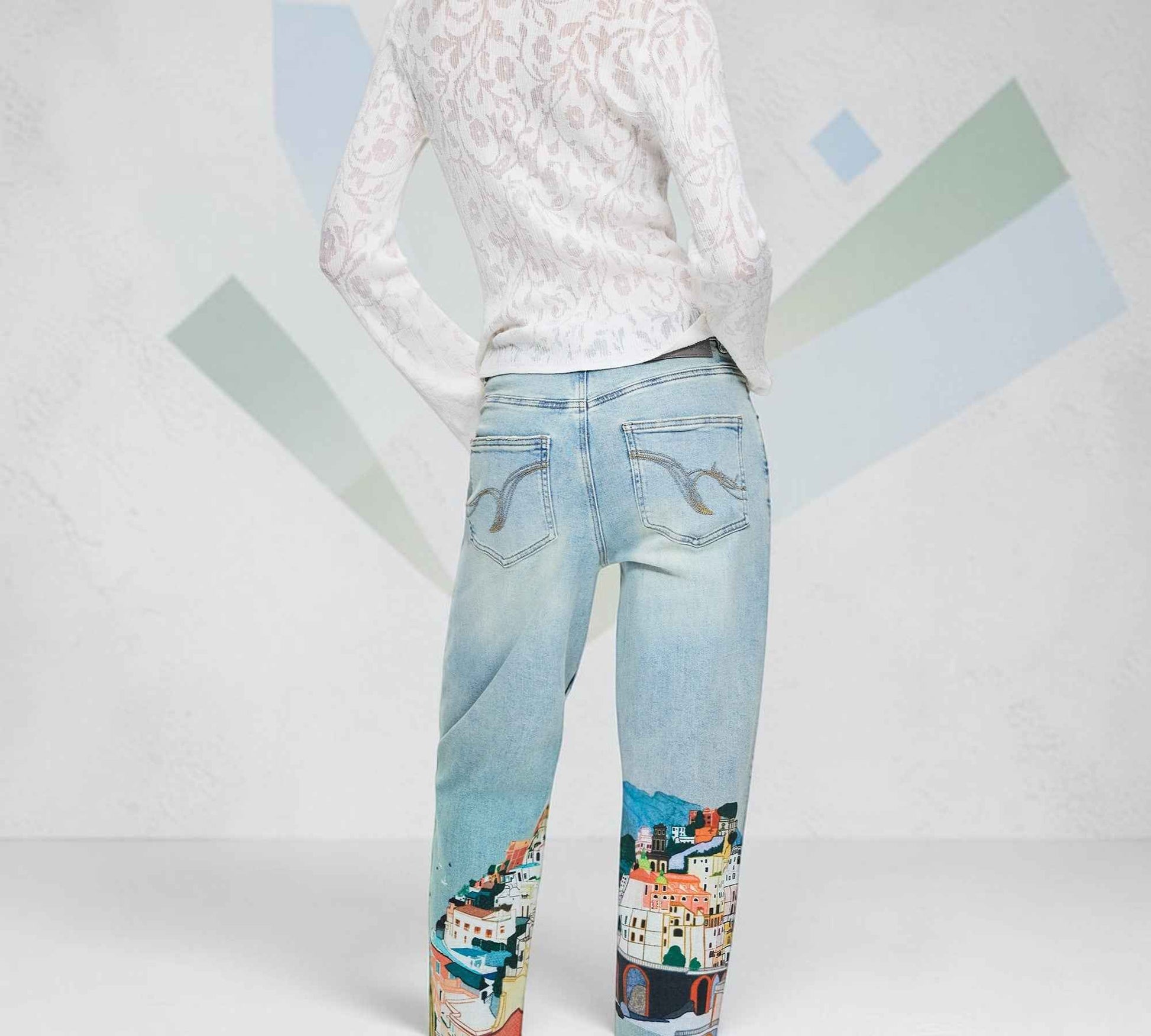 Mediterranean Cityscape Print Straight Leg Jeans