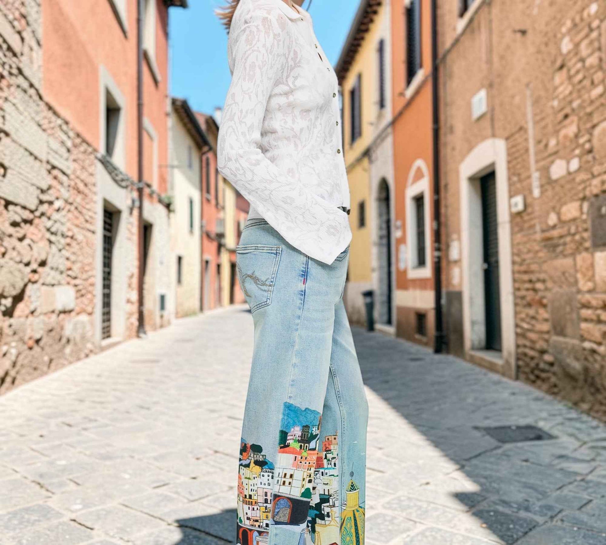 Mediterranean Cityscape Print Straight Leg Jeans