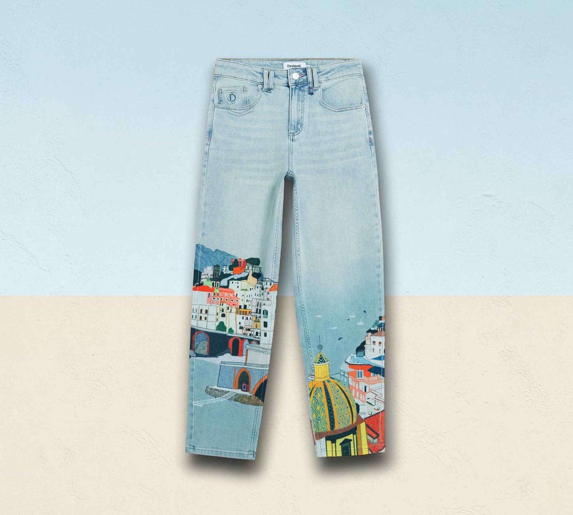 Mediterranean Cityscape Print Straight Leg Jeans