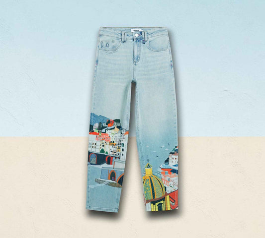 Mediterranean Cityscape Print Straight Leg Jeans