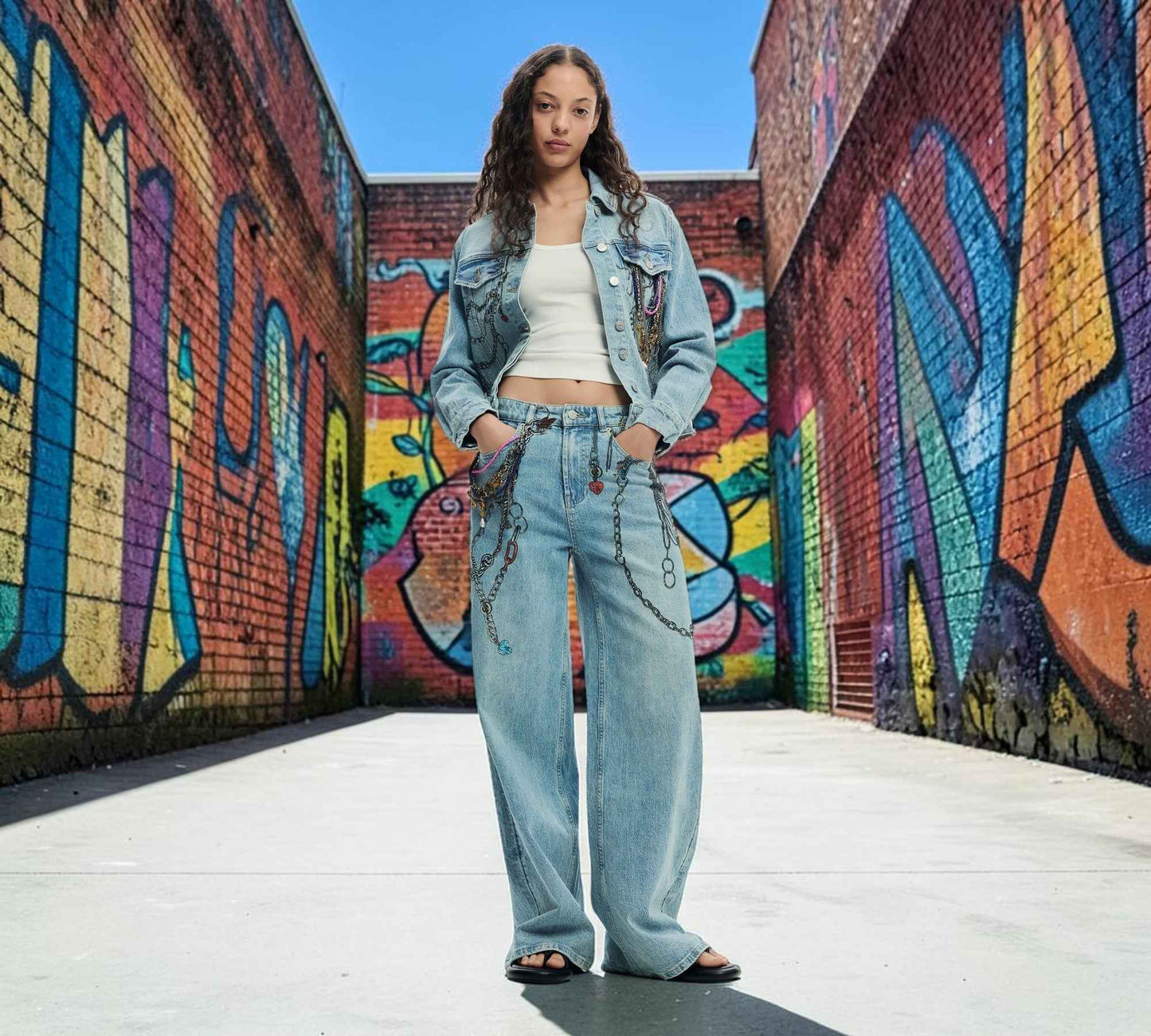 Chain Embellished Wide Leg Jeans