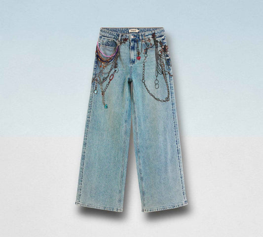Chain Embellished Wide Leg Jeans